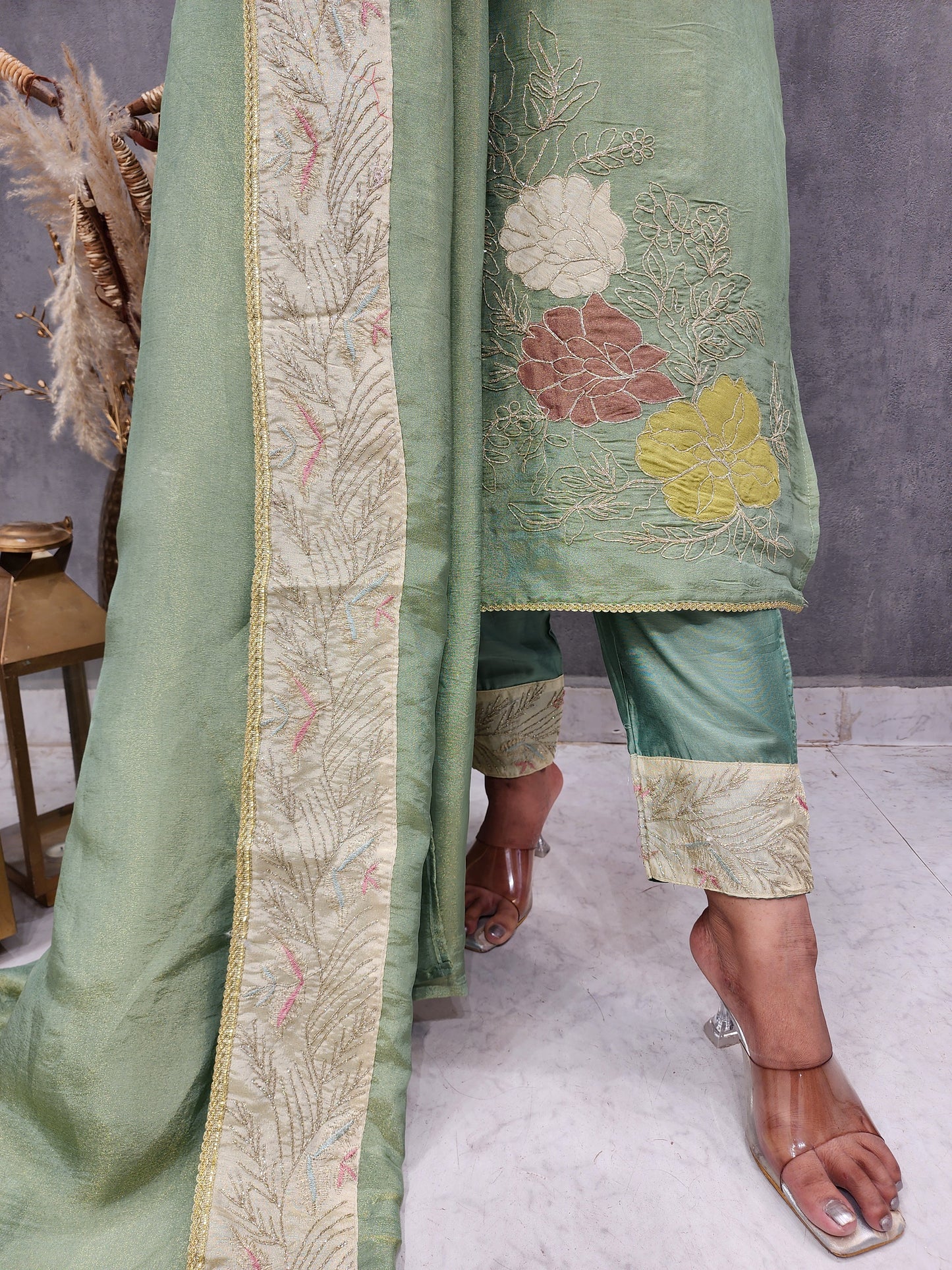 Gulmohar green border embroidered straight suit