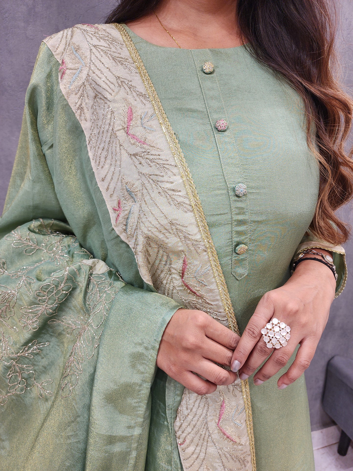 Gulmohar green border embroidered straight suit