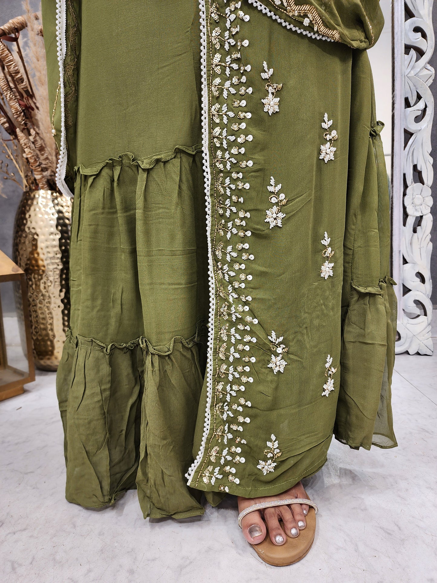 Mehendi green embroided drape saree