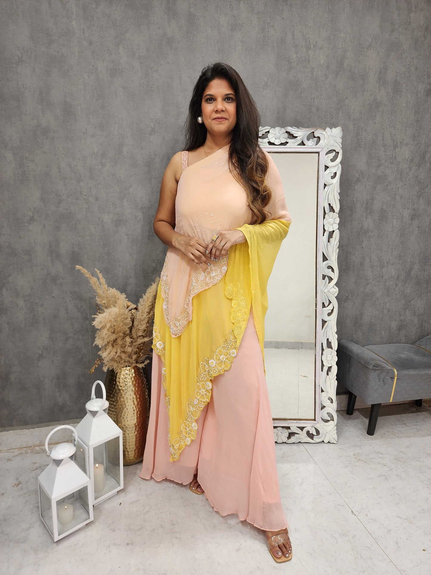 Shades of peach & yellow double layer indowestern dress