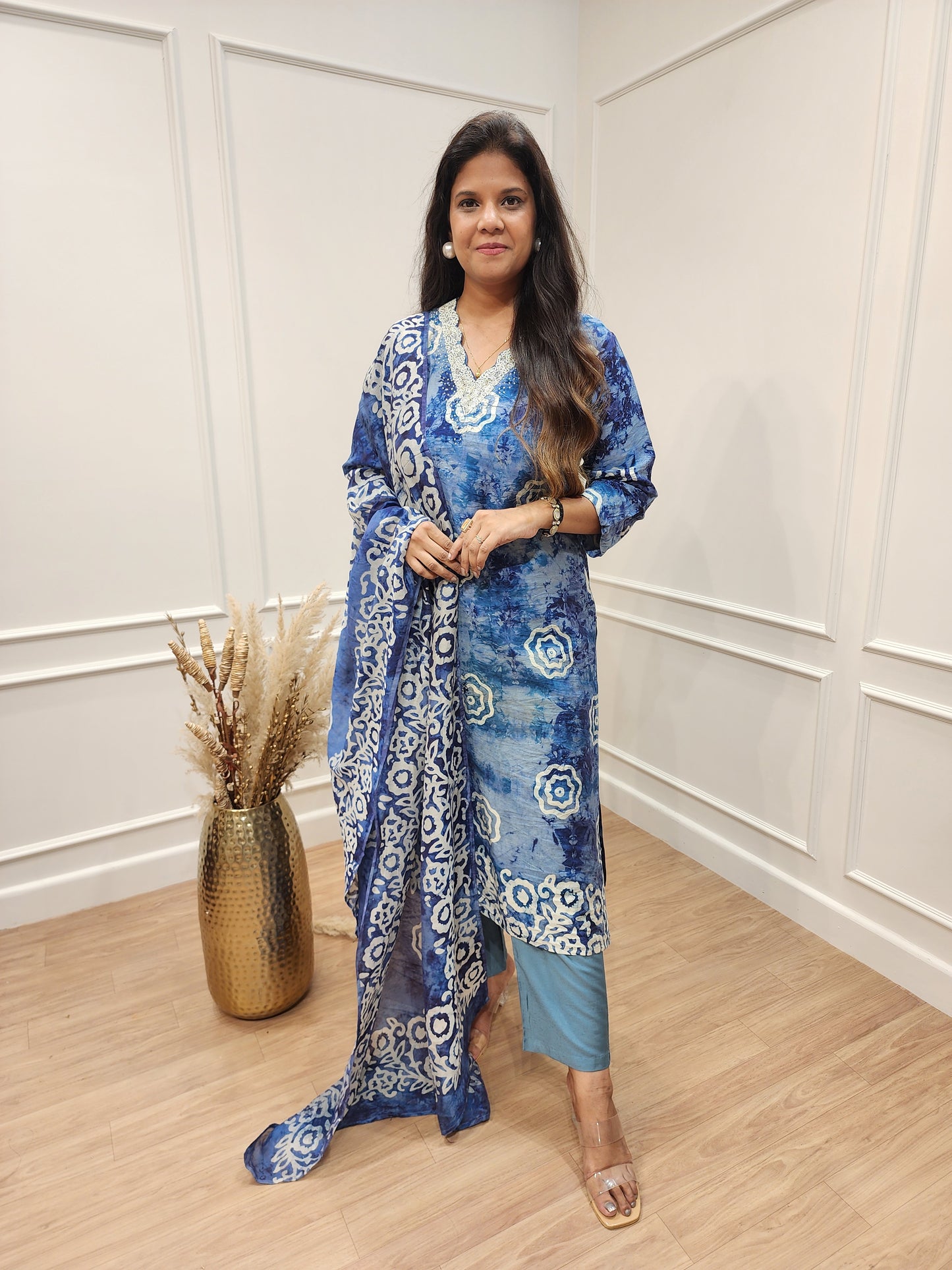 Indigo tie & tye printed Embroided staright suit