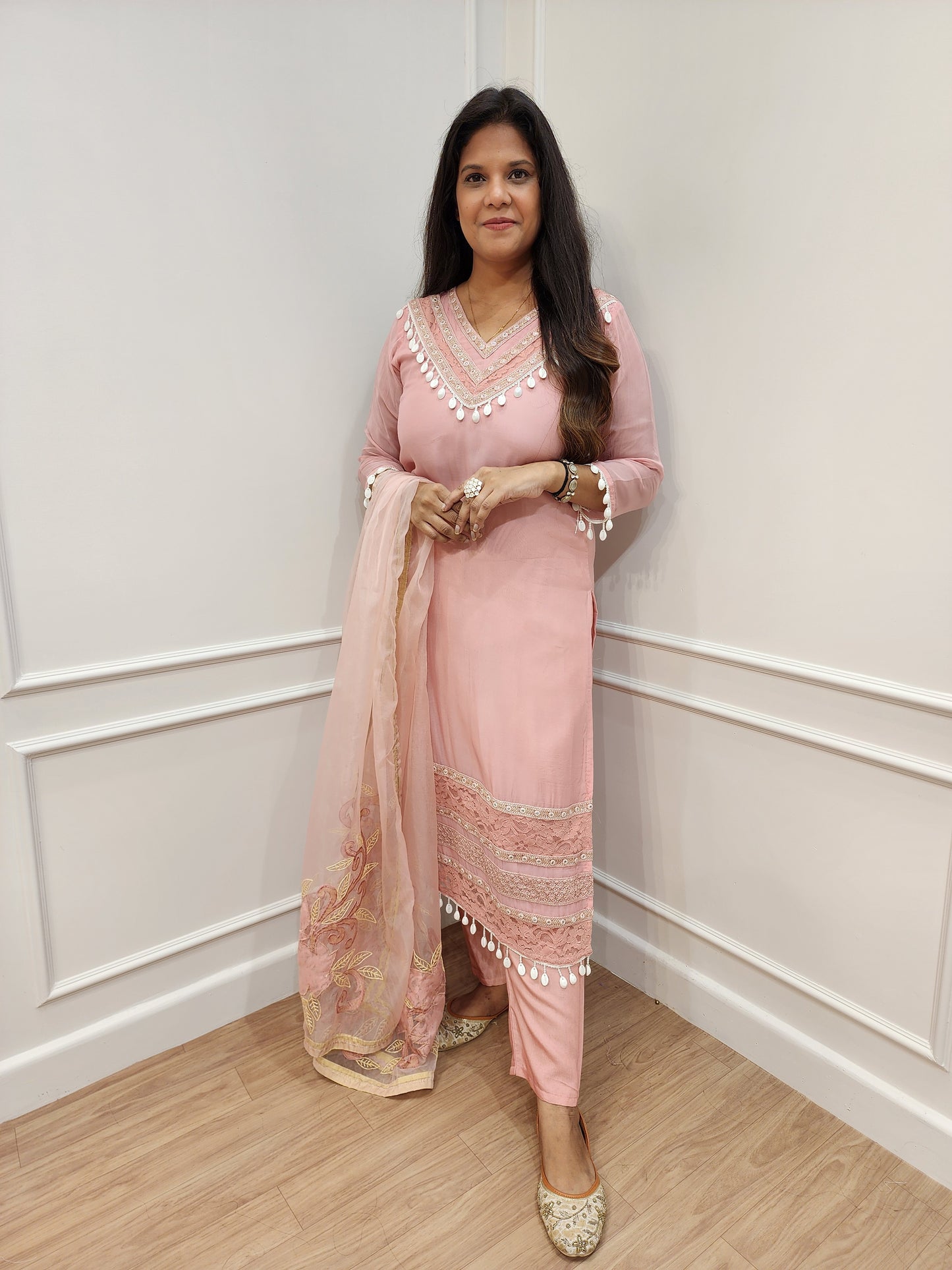 Jannat Shell pink Embroided organza staright suit