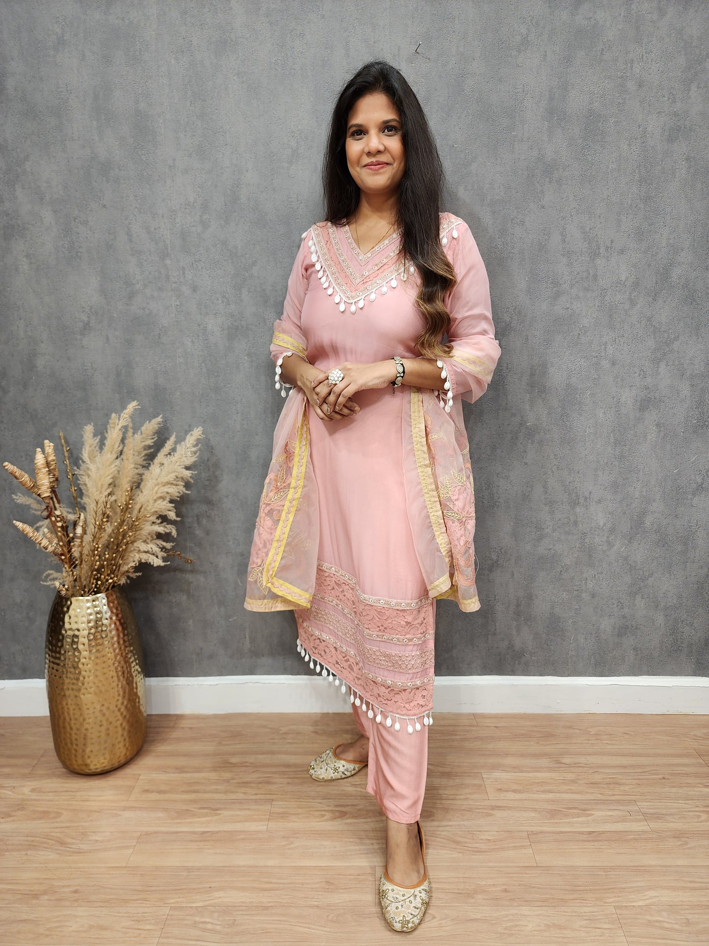Jannat Shell pink Embroided organza staright suit