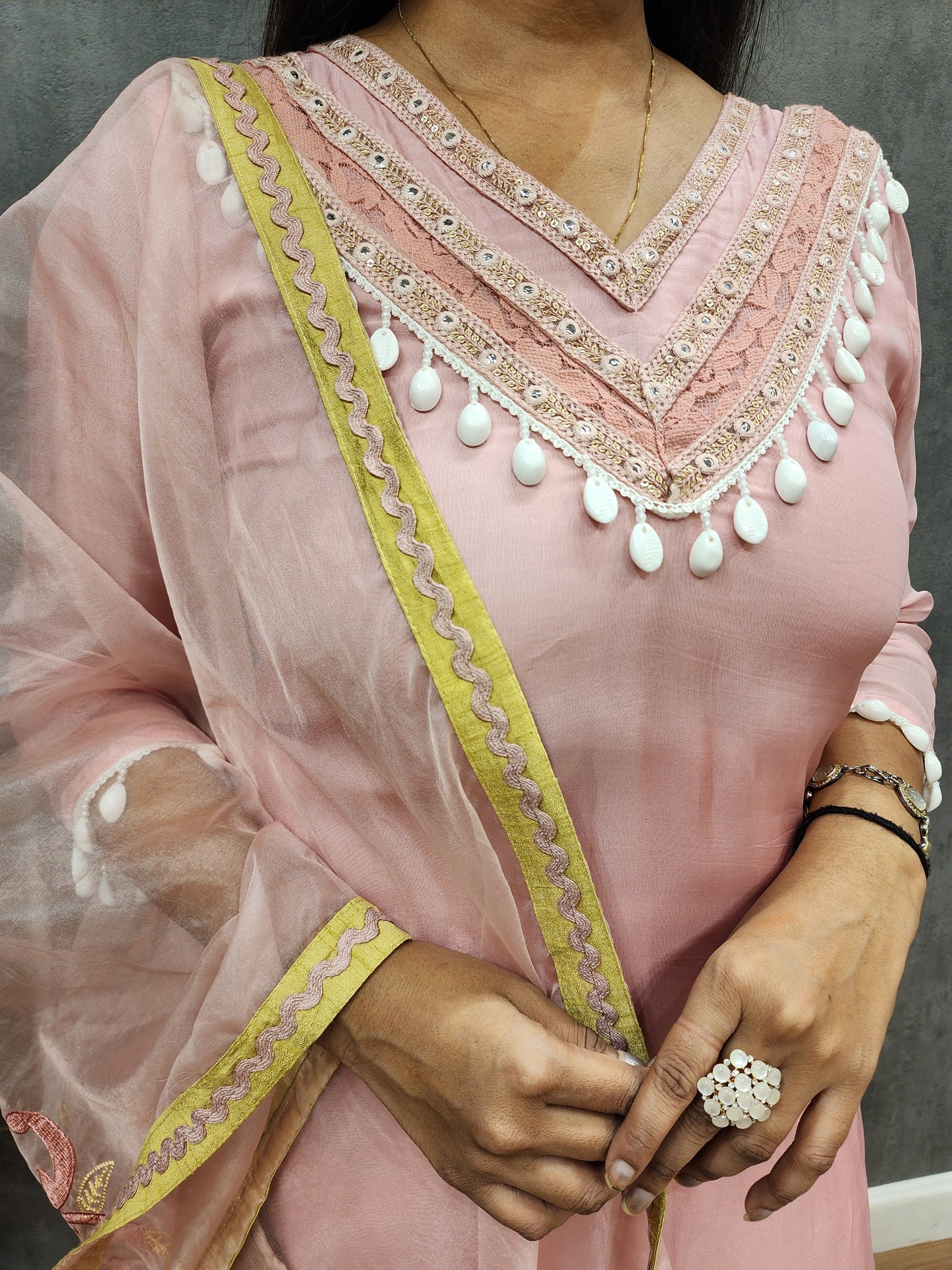 Jannat Shell pink Embroided organza staright suit