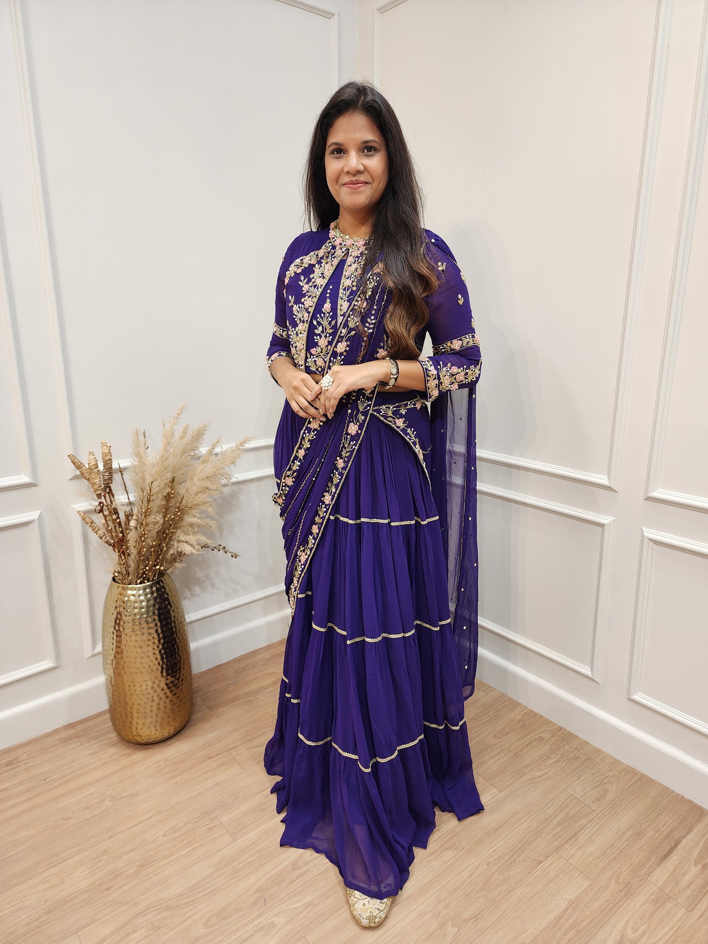 Hina Embroided purple drape lehenga saree