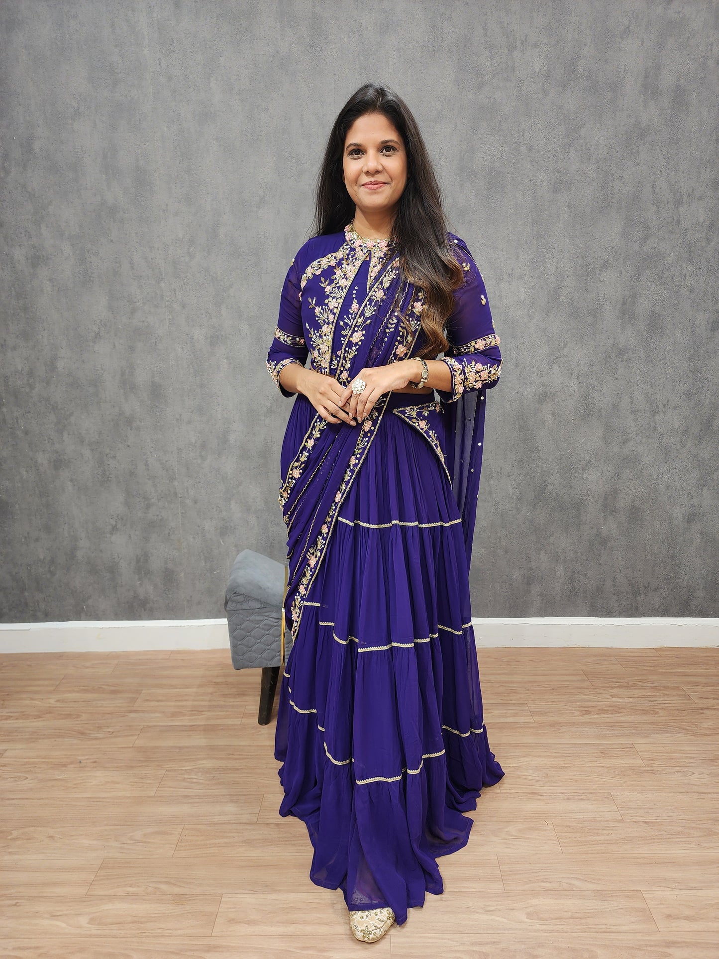 Hina Embroided purple drape lehenga saree
