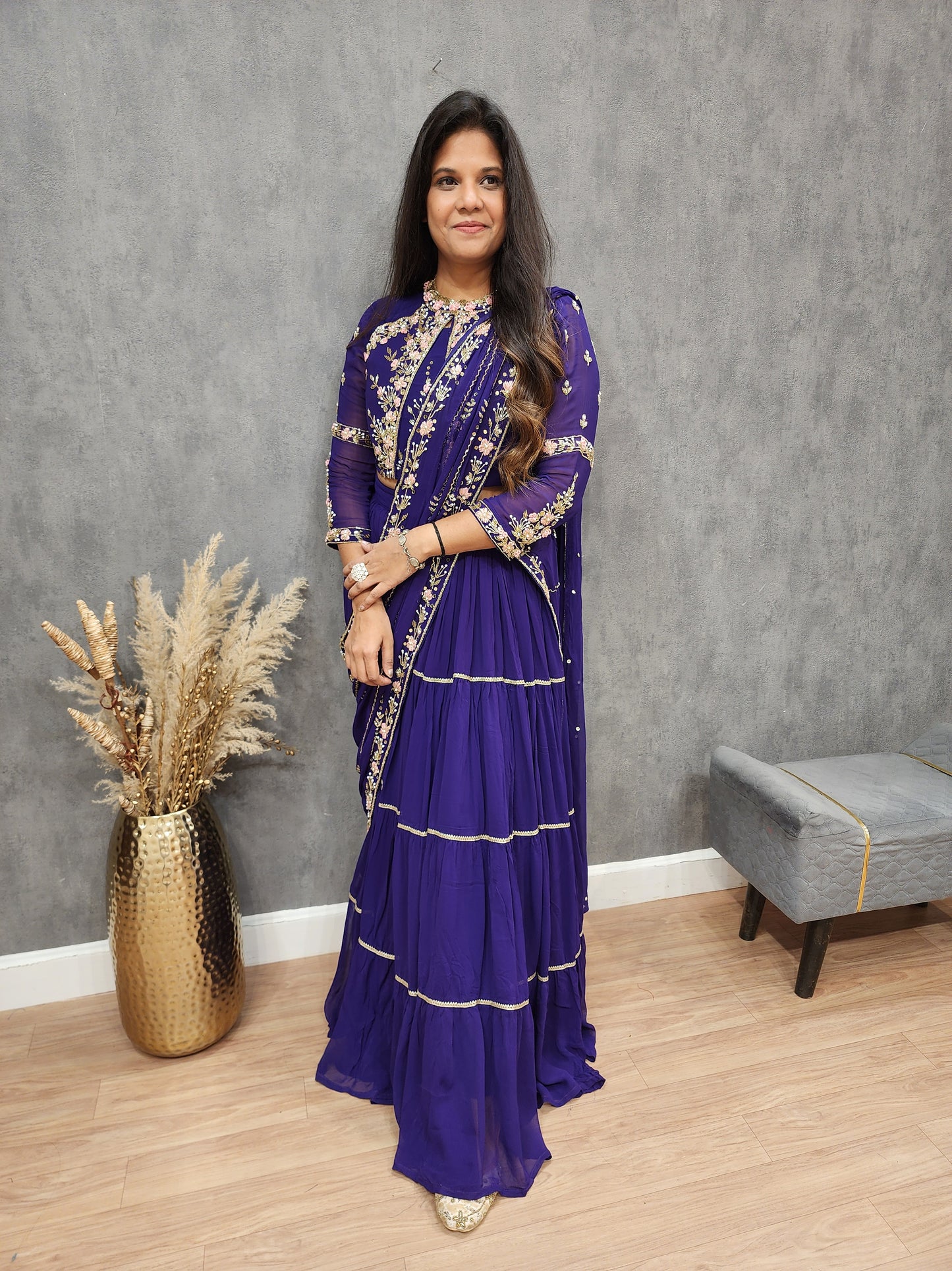 Hina Embroided purple drape lehenga saree