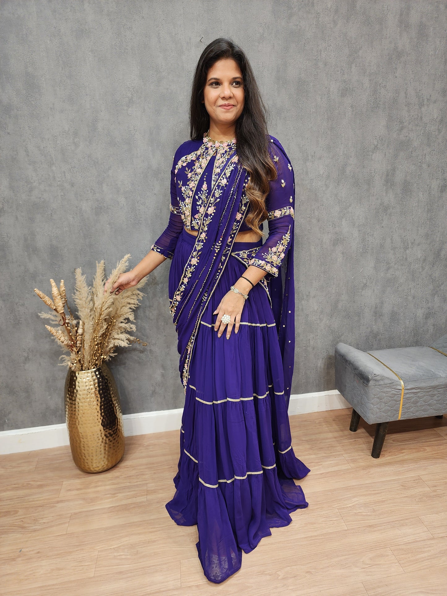 Hina Embroided purple drape lehenga saree