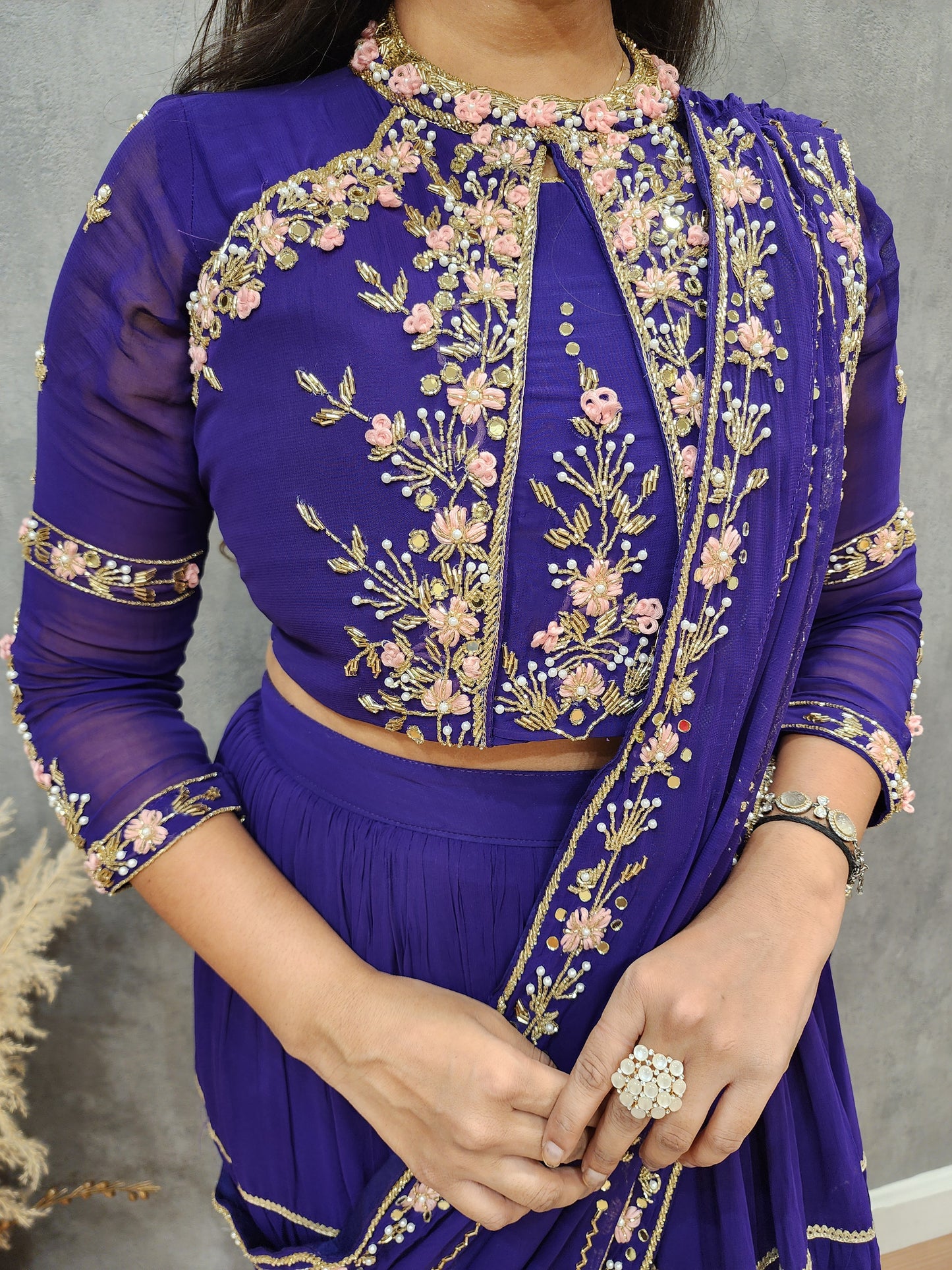 Hina Embroided purple drape lehenga saree