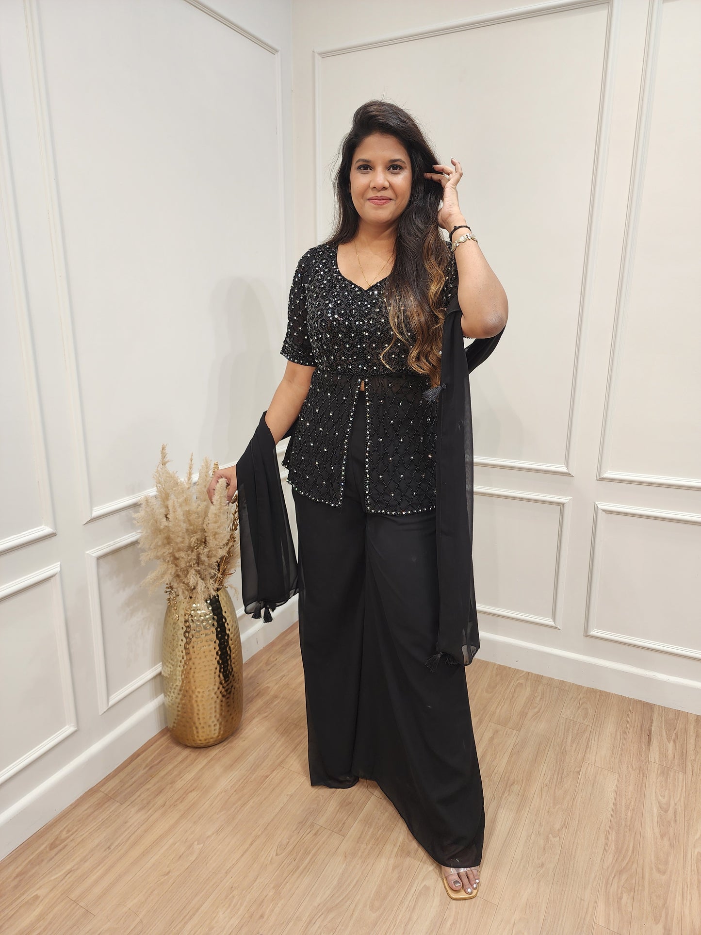 Vedika black embellished short peplum co-ord set