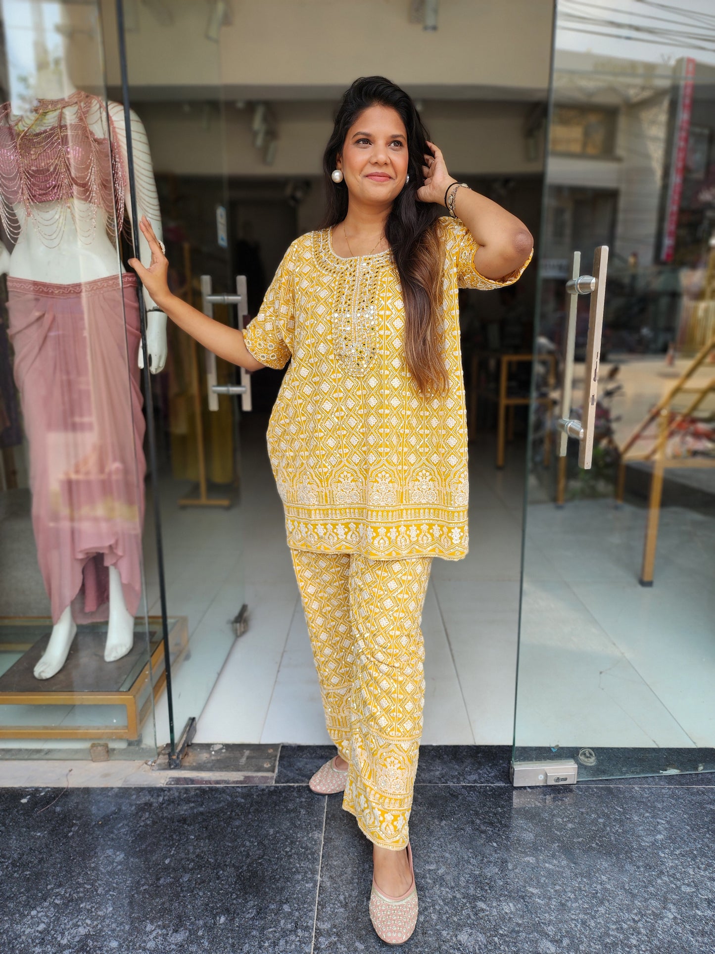 Ravishing yellow chickenkari co-ord set