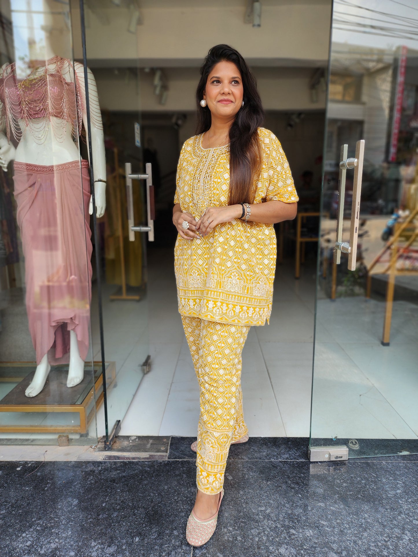 Ravishing yellow chickenkari co-ord set