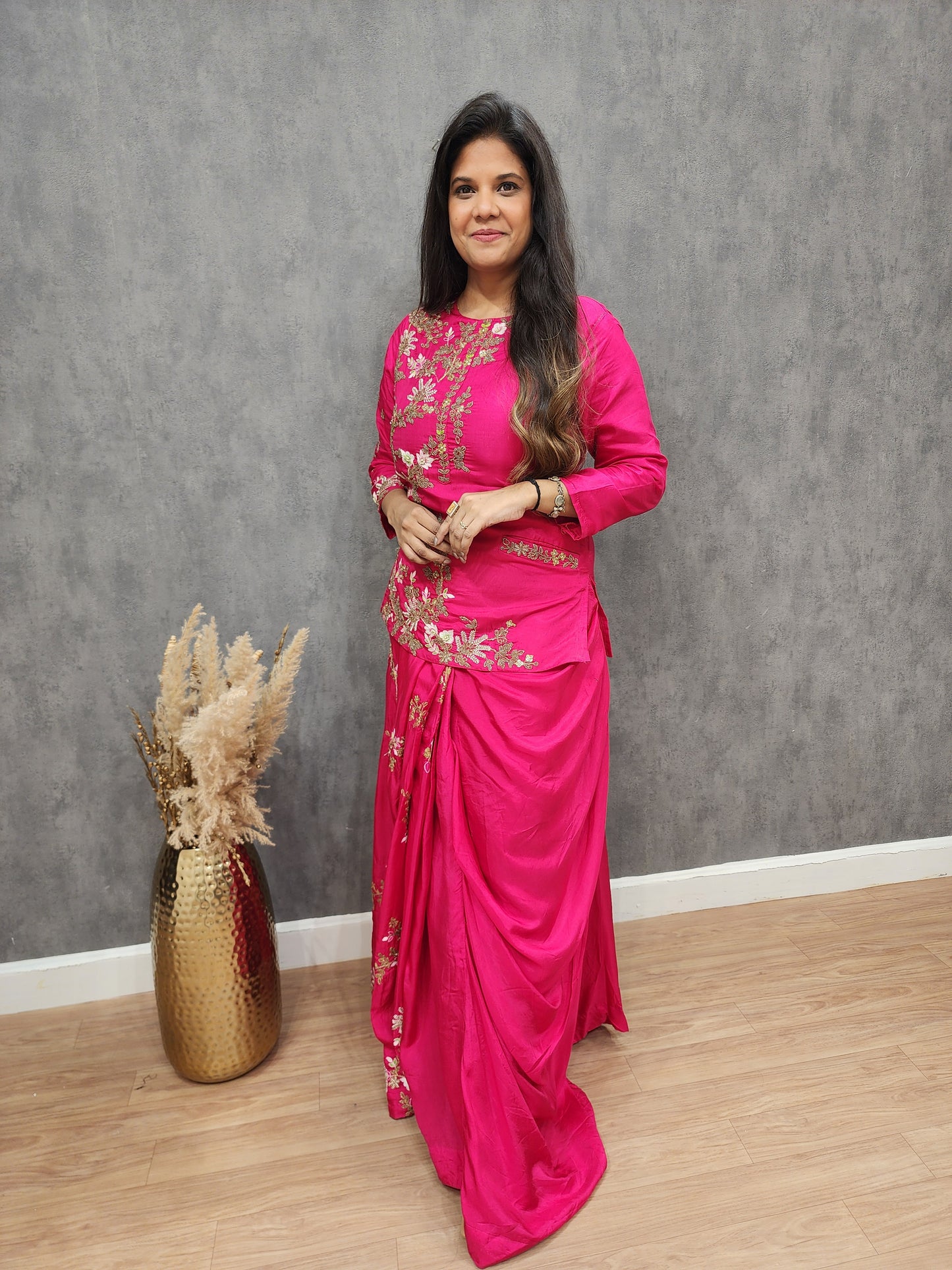Saadgi long blouse cowl drape skirt dress