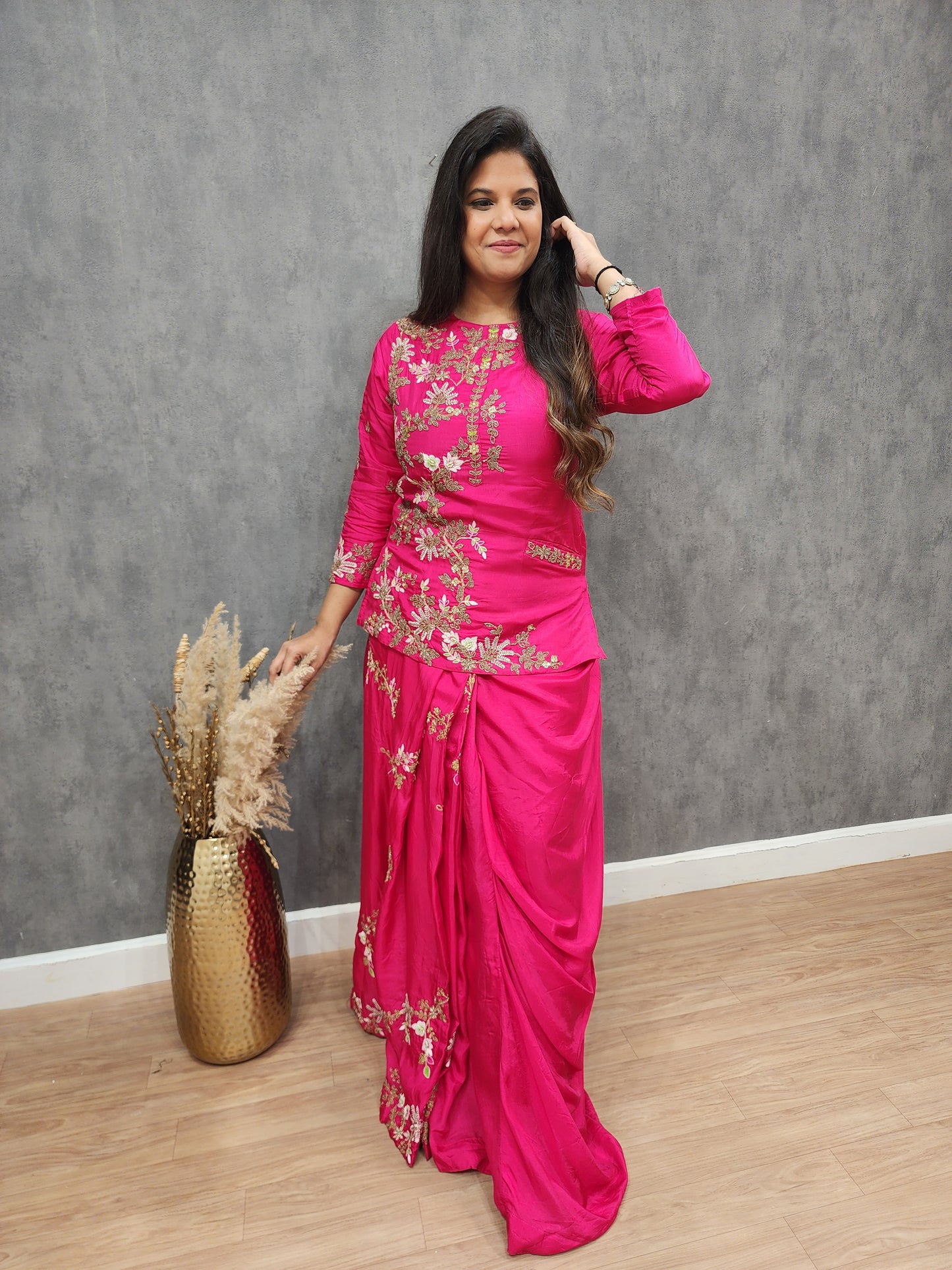 Saadgi long blouse cowl drape skirt dress