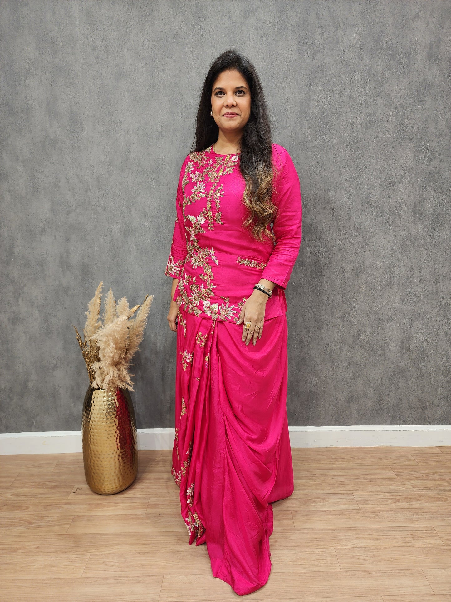 Saadgi long blouse cowl drape skirt dress