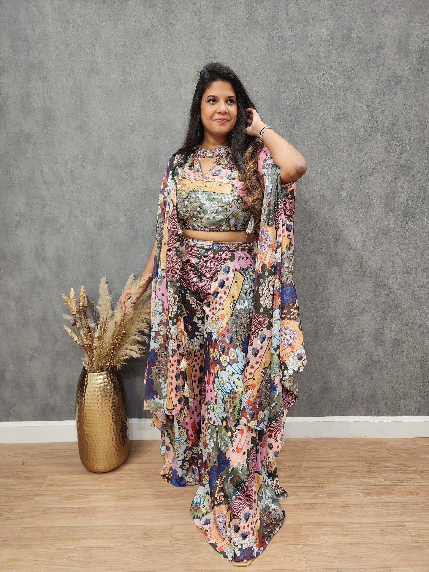 Glam abstract print halter neck indowestern cape dress