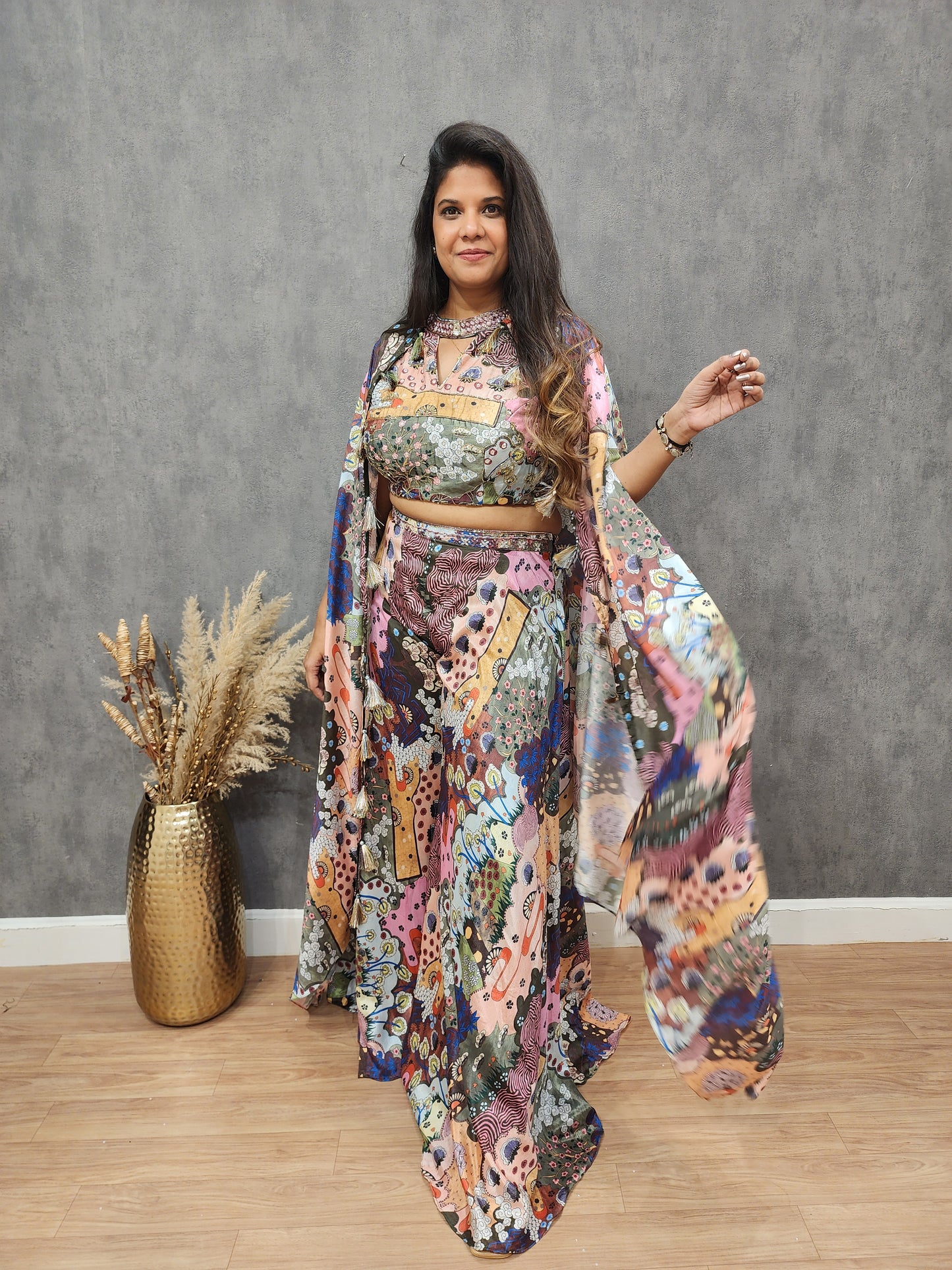 Glam abstract print halter neck indowestern cape dress