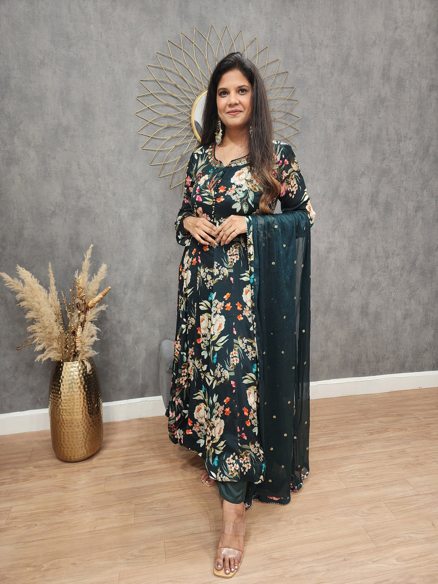 Nayantara floral green anarkali 3pc suit