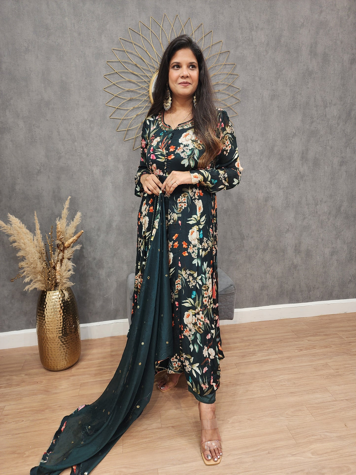 Nayantara floral green anarkali 3pc suit
