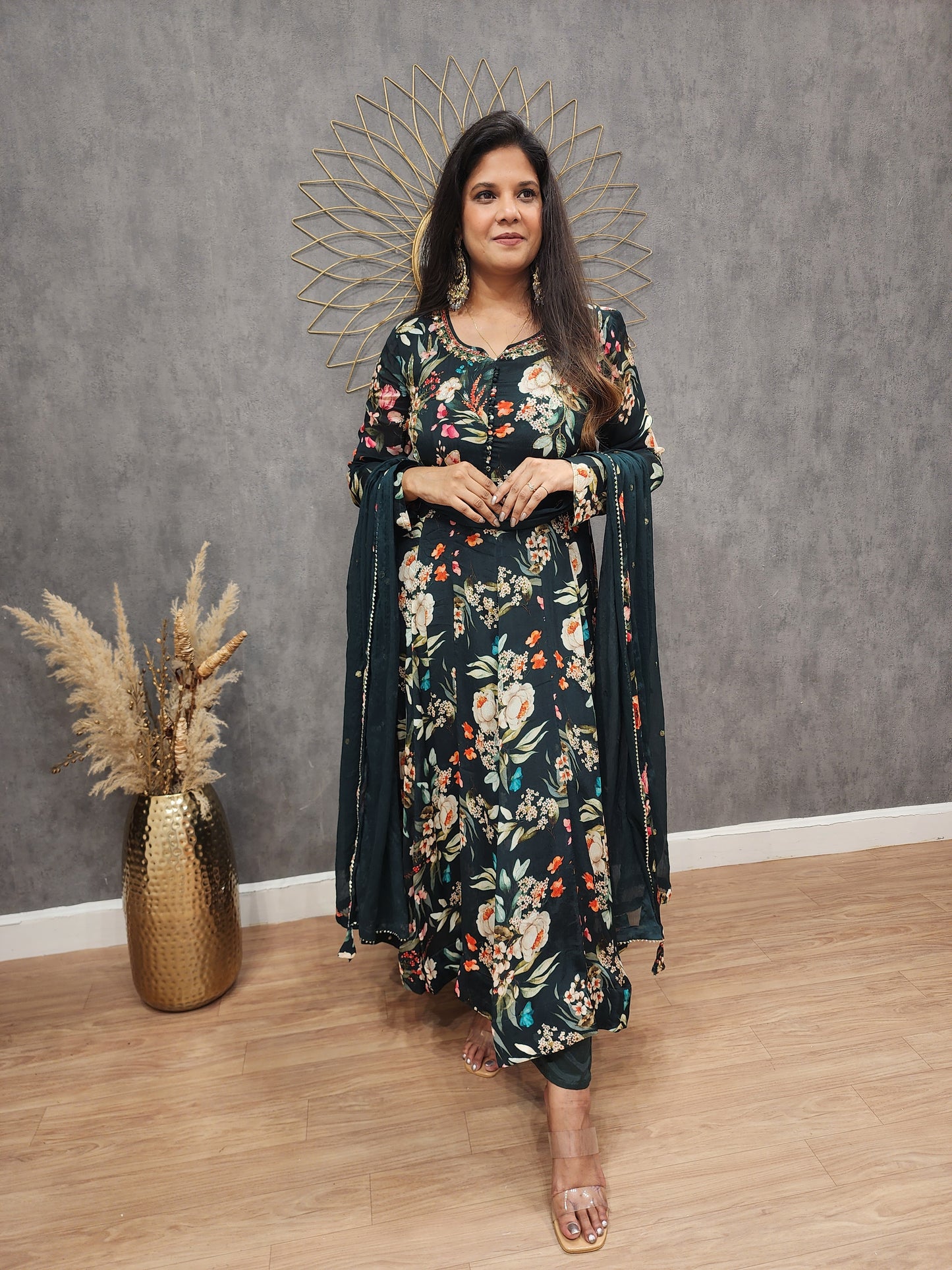 Nayantara floral green anarkali 3pc suit