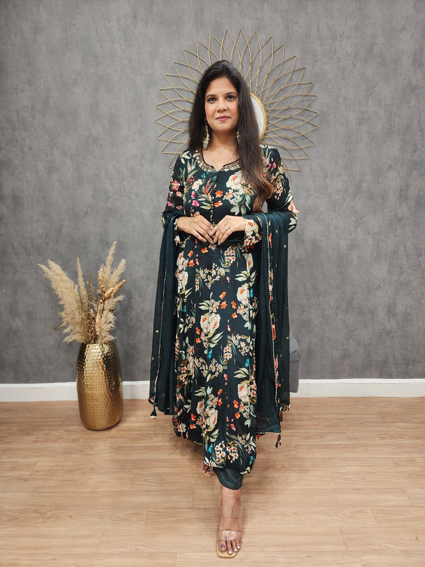 Nayantara floral green anarkali 3pc suit