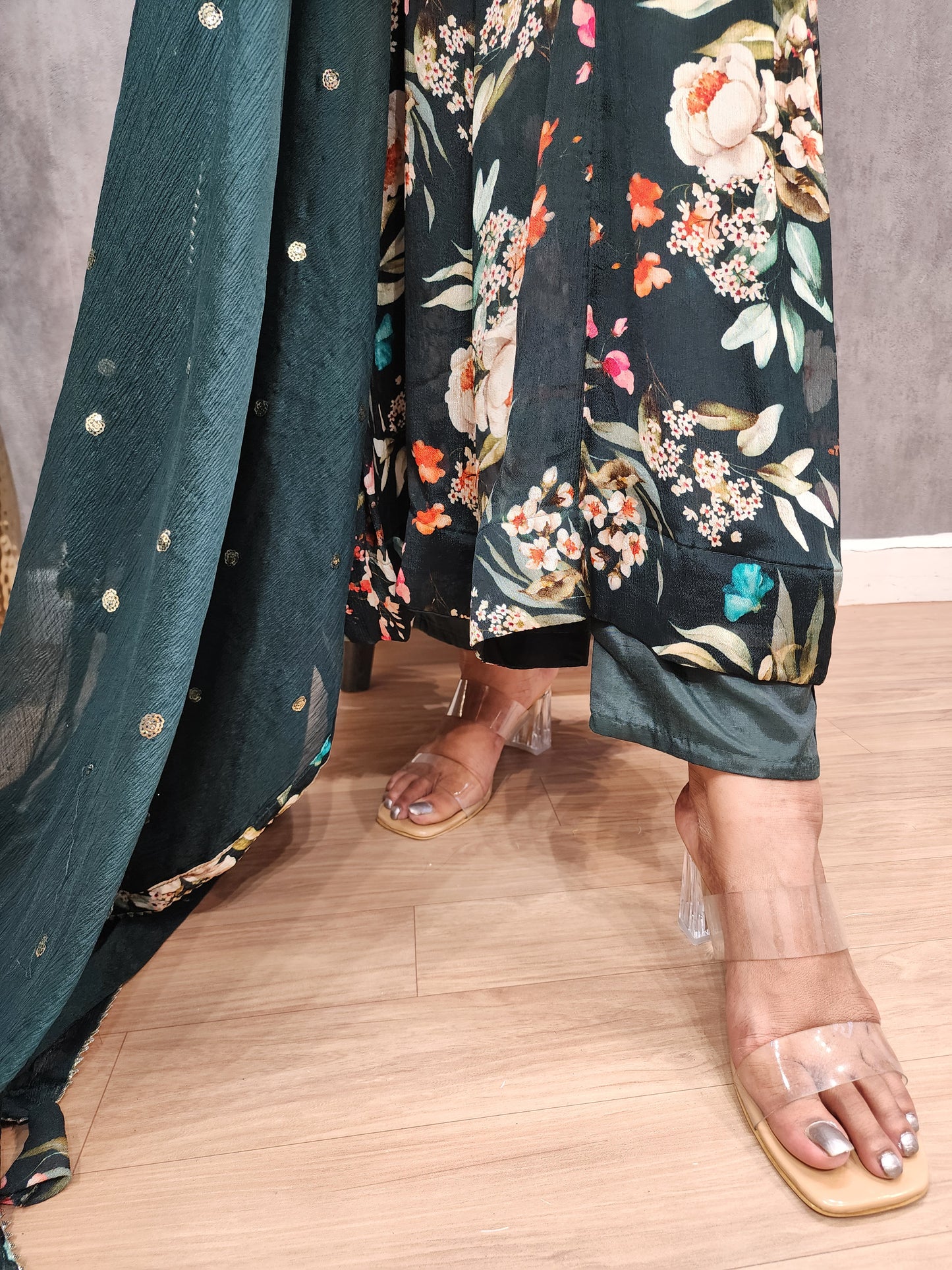 Nayantara floral green anarkali 3pc suit