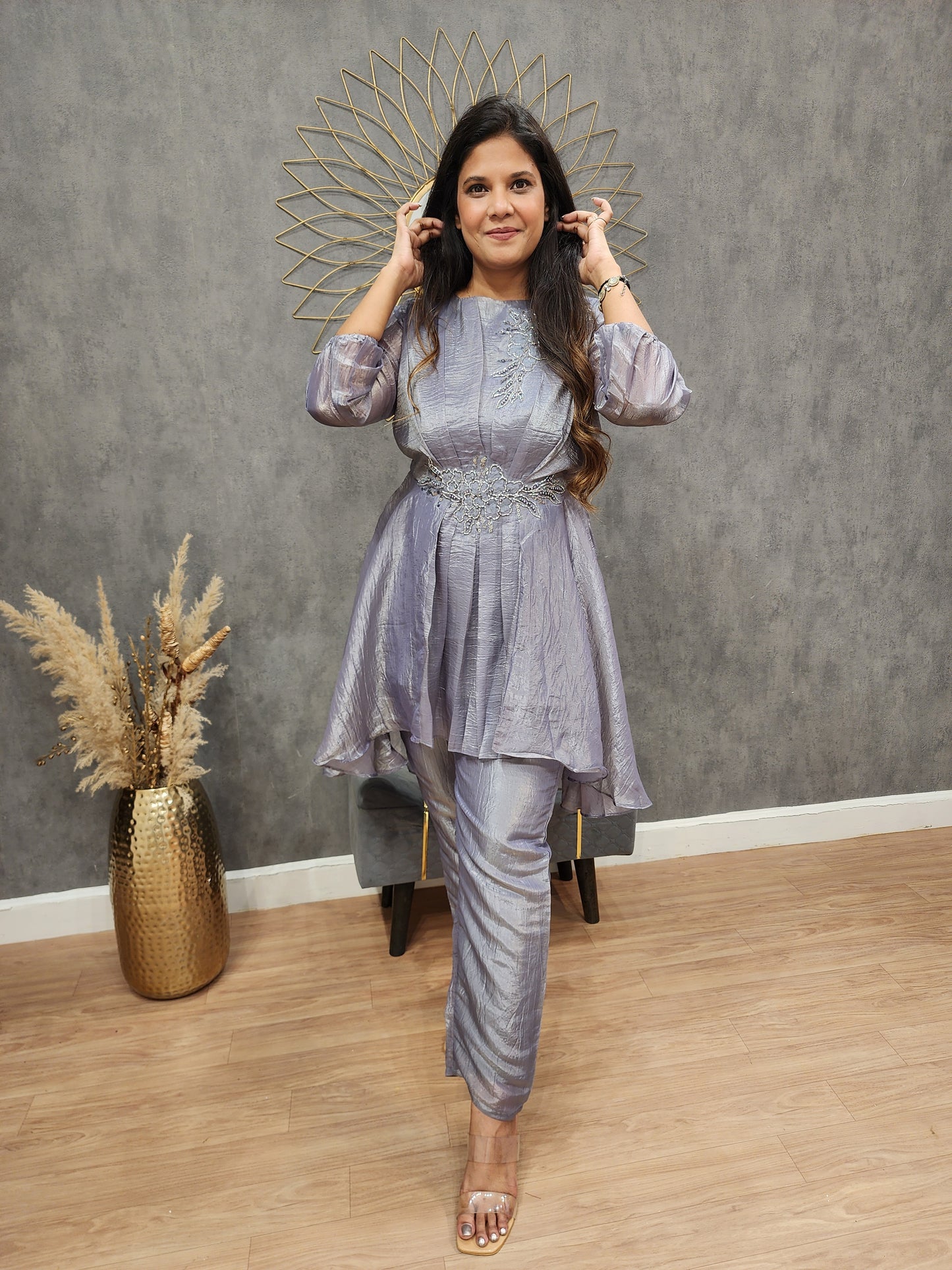 RAHA GREYISH EMBROIDERED ORGANZA CO-ORD SET