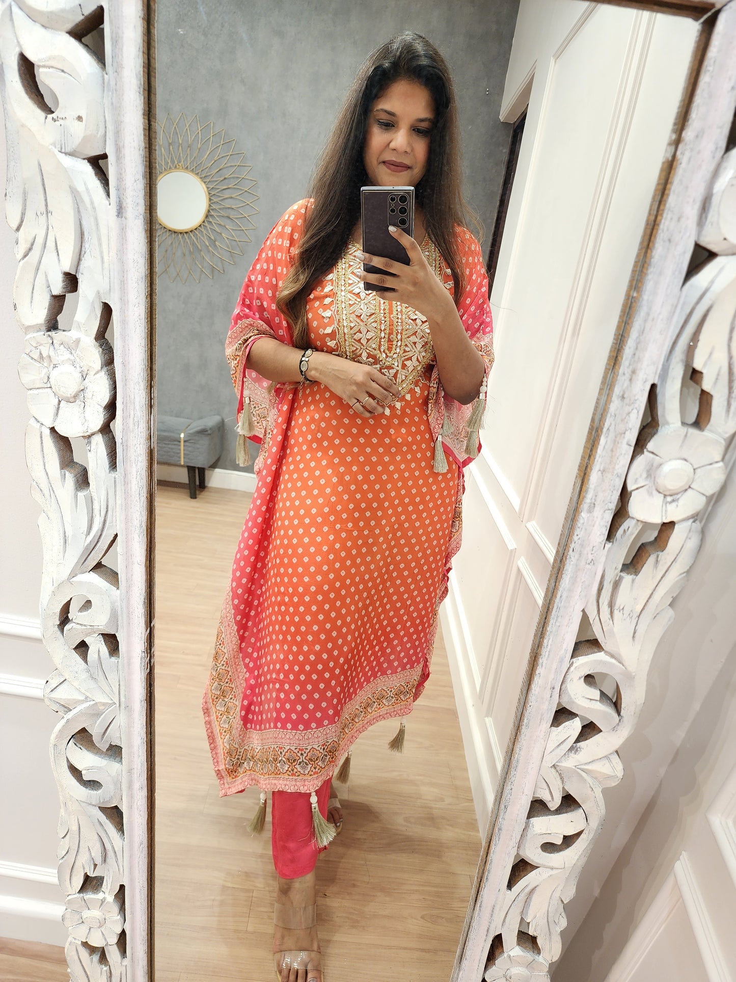 Meher orange pink combination bandhani print kaftaan suit
