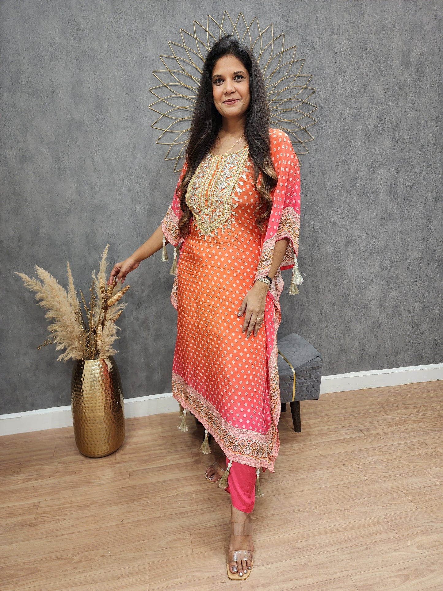 Meher orange pink combination bandhani print kaftaan suit