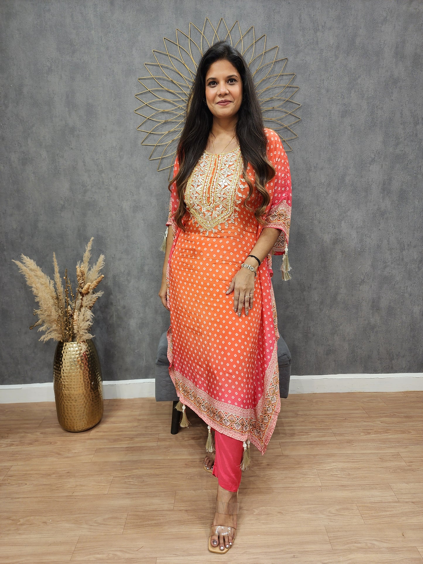 Meher orange pink combination bandhani print kaftaan suit