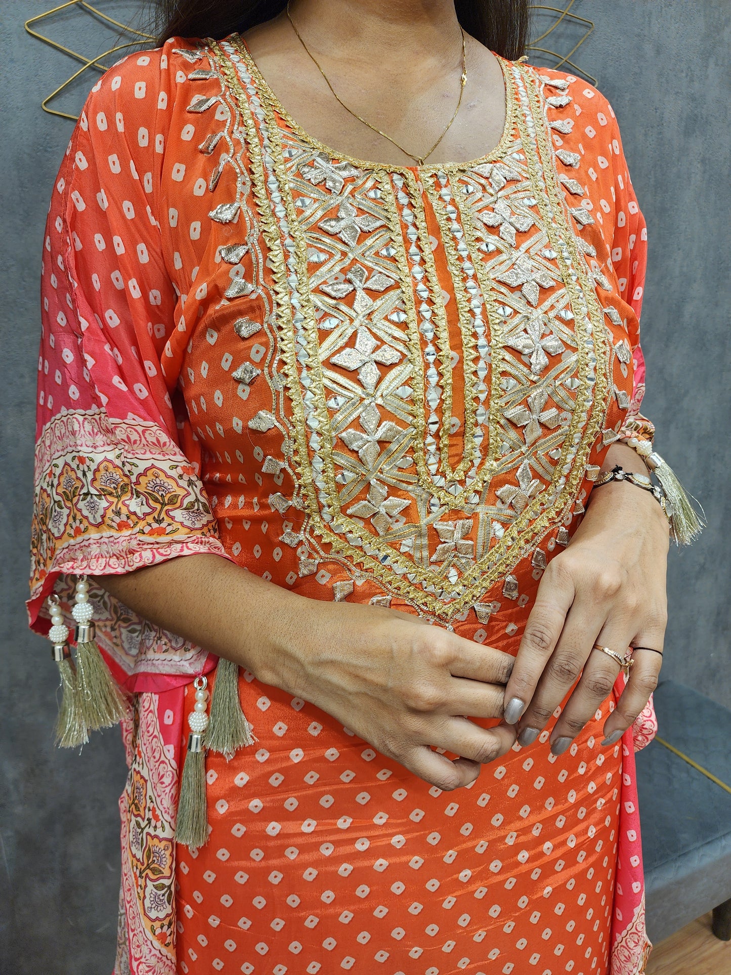 Meher orange pink combination bandhani print kaftaan suit