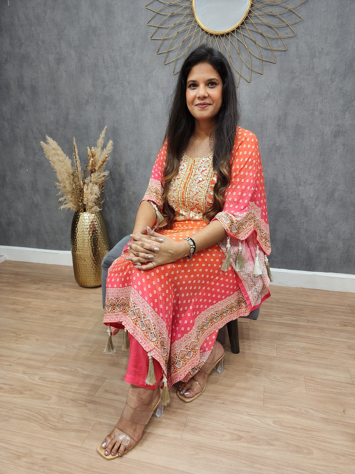 Meher orange pink combination bandhani print kaftaan suit