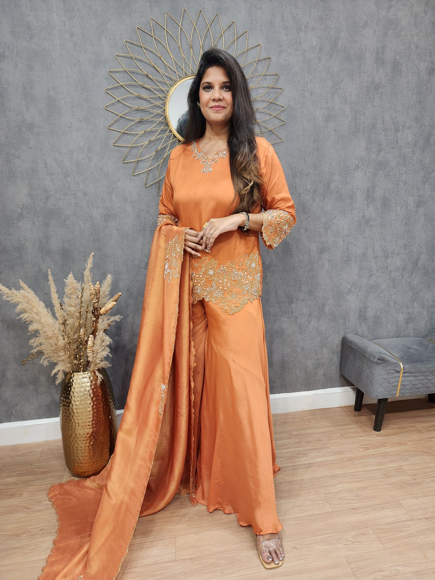 Kismat orange Embroided cutwork sharara suit