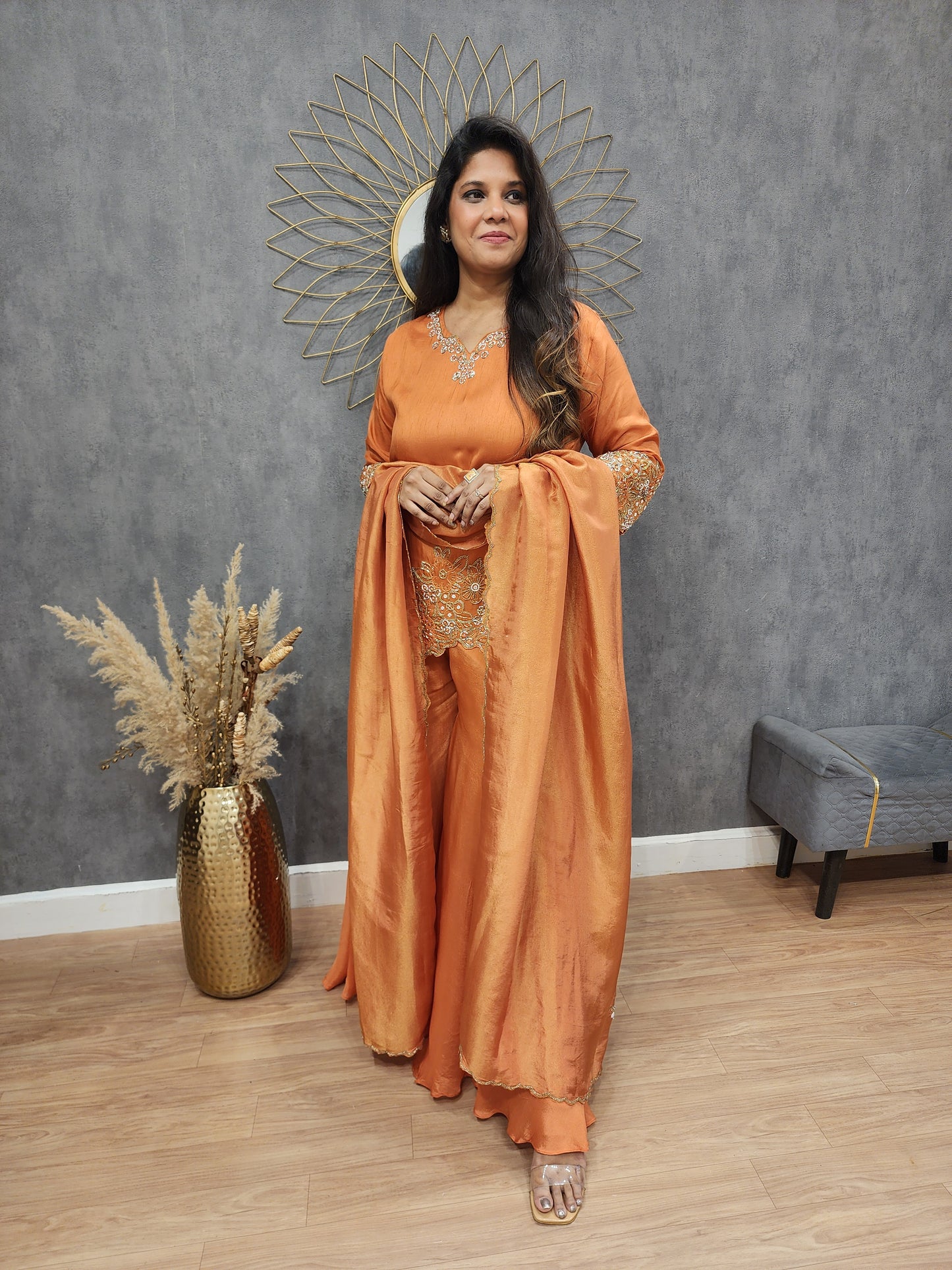 Kismat orange Embroided cutwork sharara suit