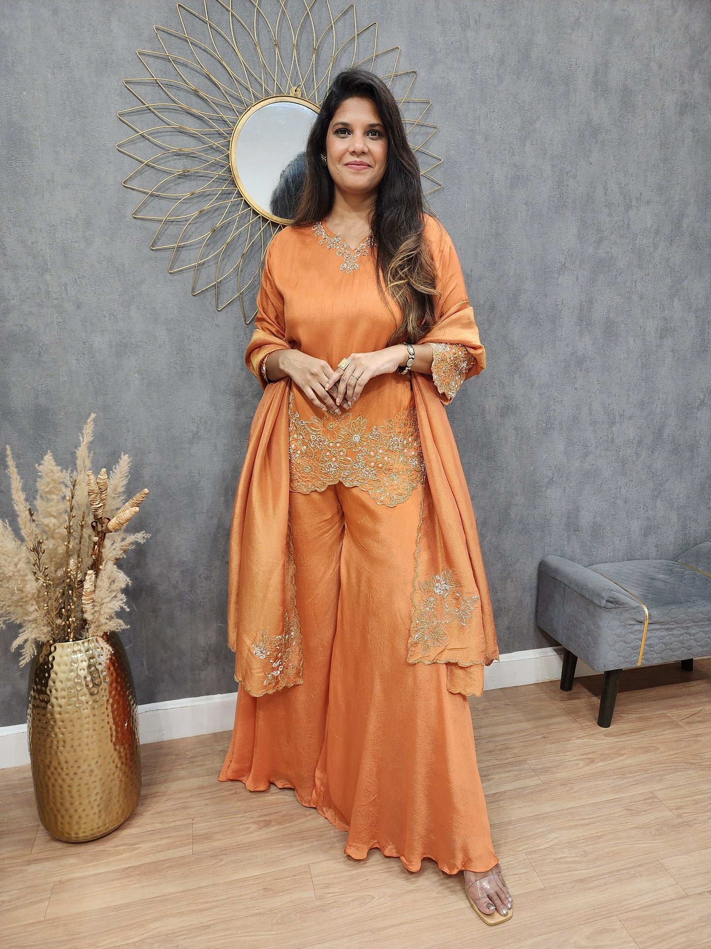 Kismat orange Embroided cutwork sharara suit