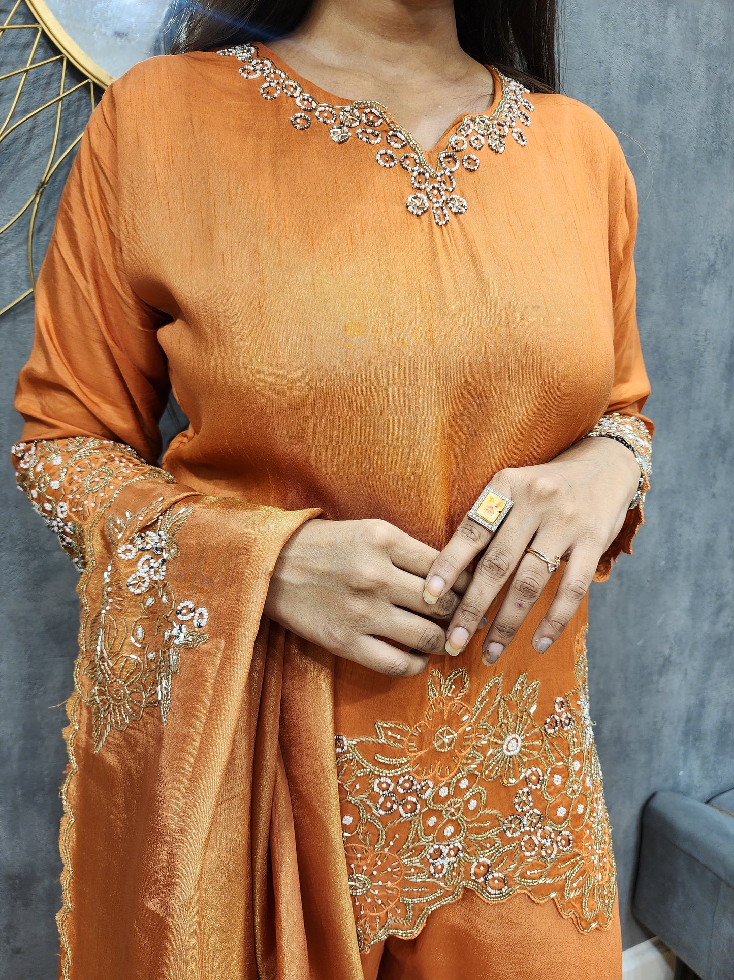 Kismat orange Embroided cutwork sharara suit