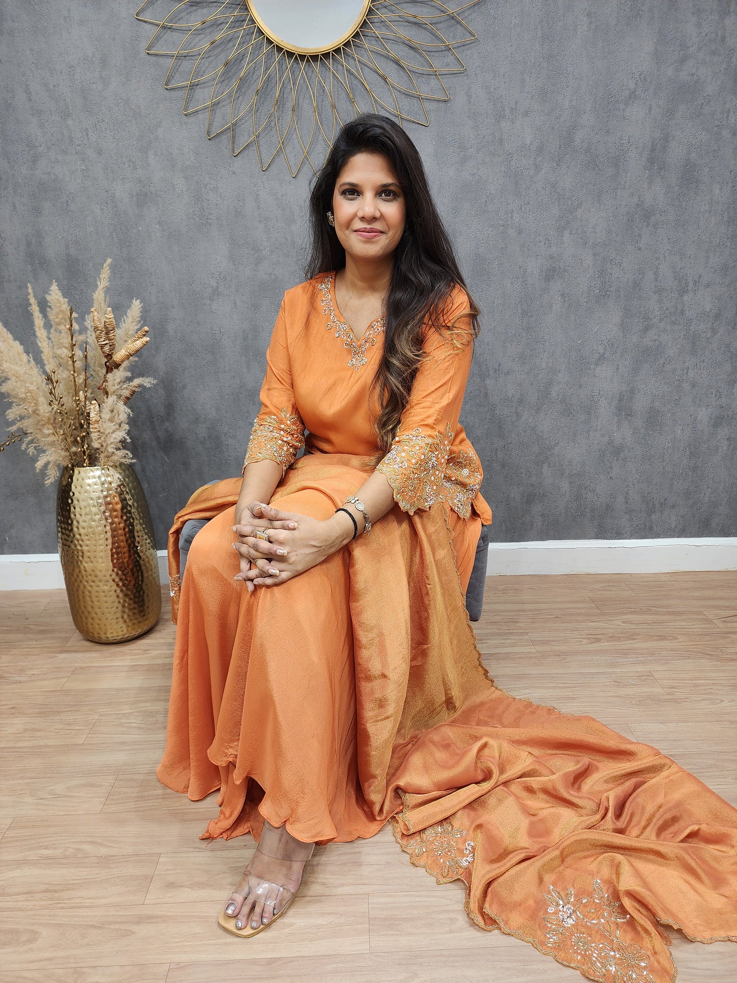 Kismat orange Embroided cutwork sharara suit