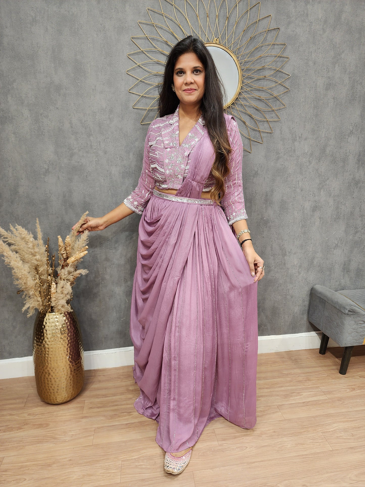 Gorgeous glam onion v-neck drape lehenga with belt