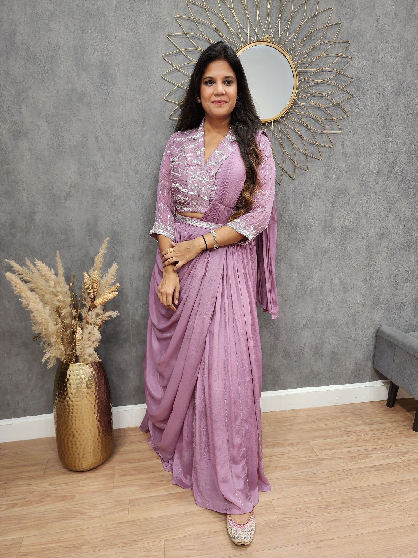 Gorgeous glam onion v-neck drape lehenga with belt