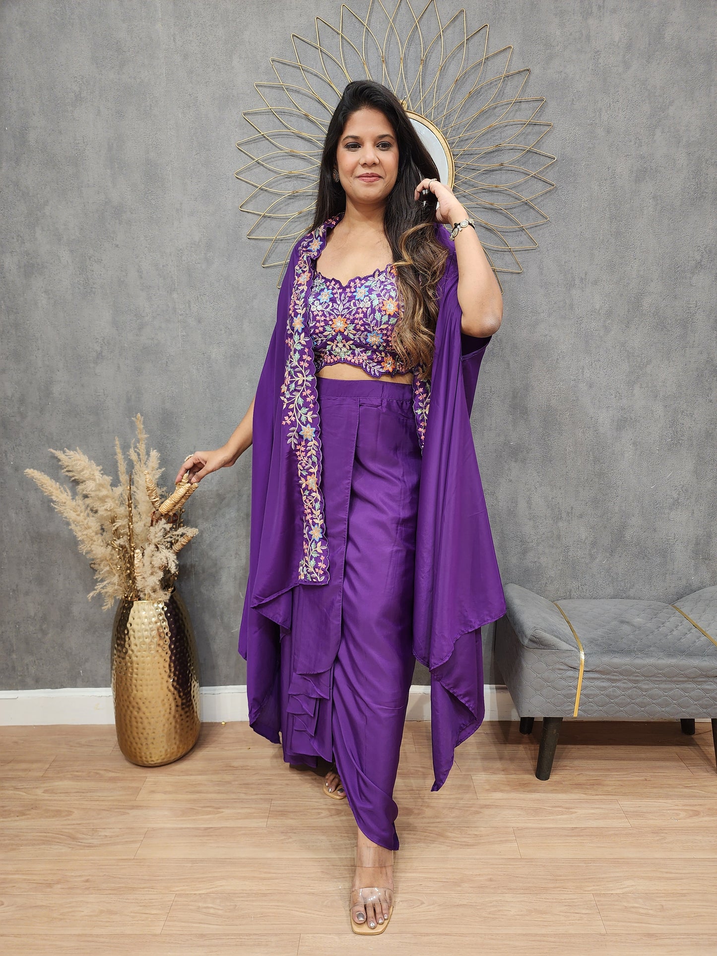Seerat Purple Embroided cowl cape 3pc set