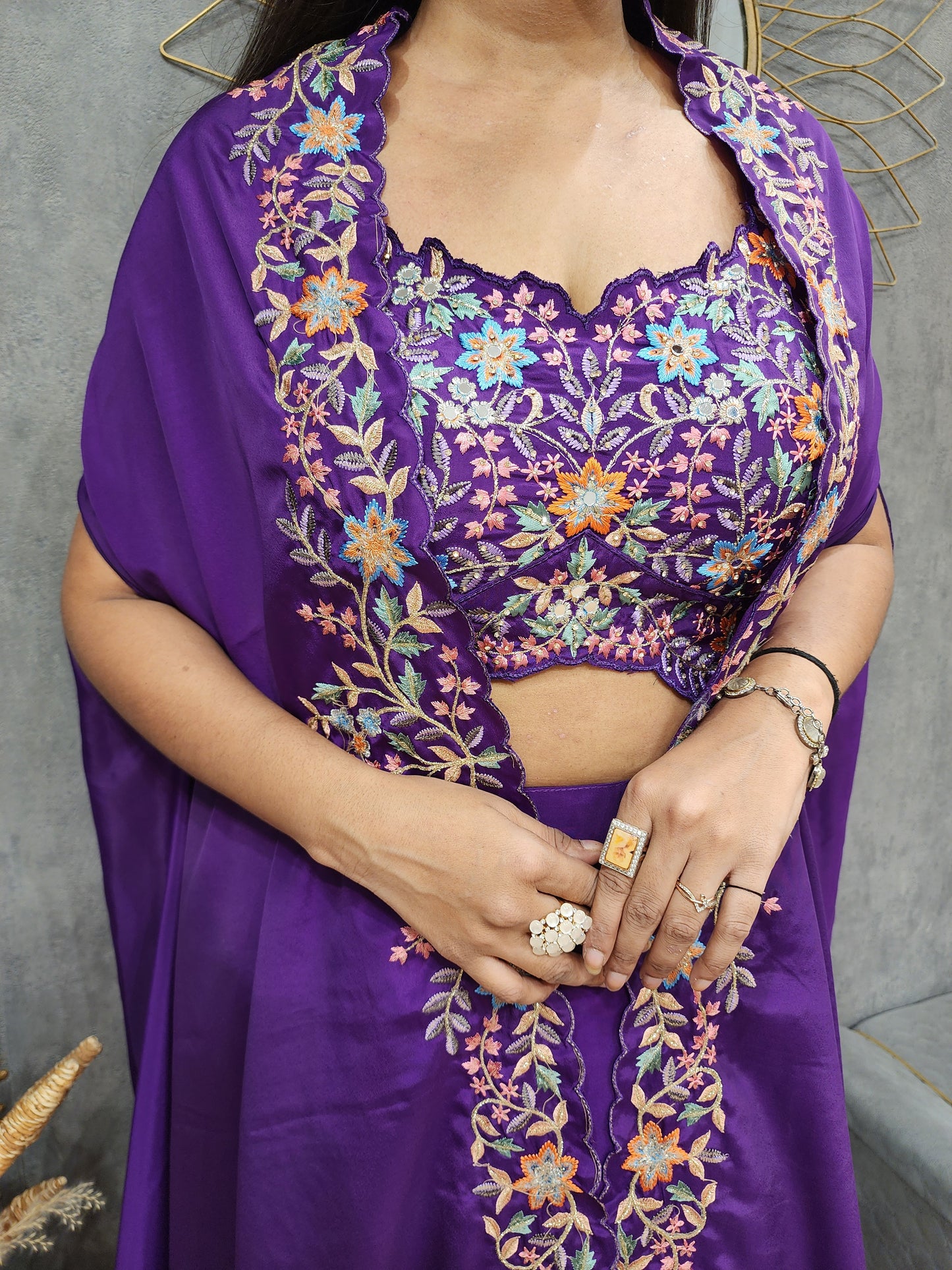 Seerat Purple Embroided cowl cape 3pc set