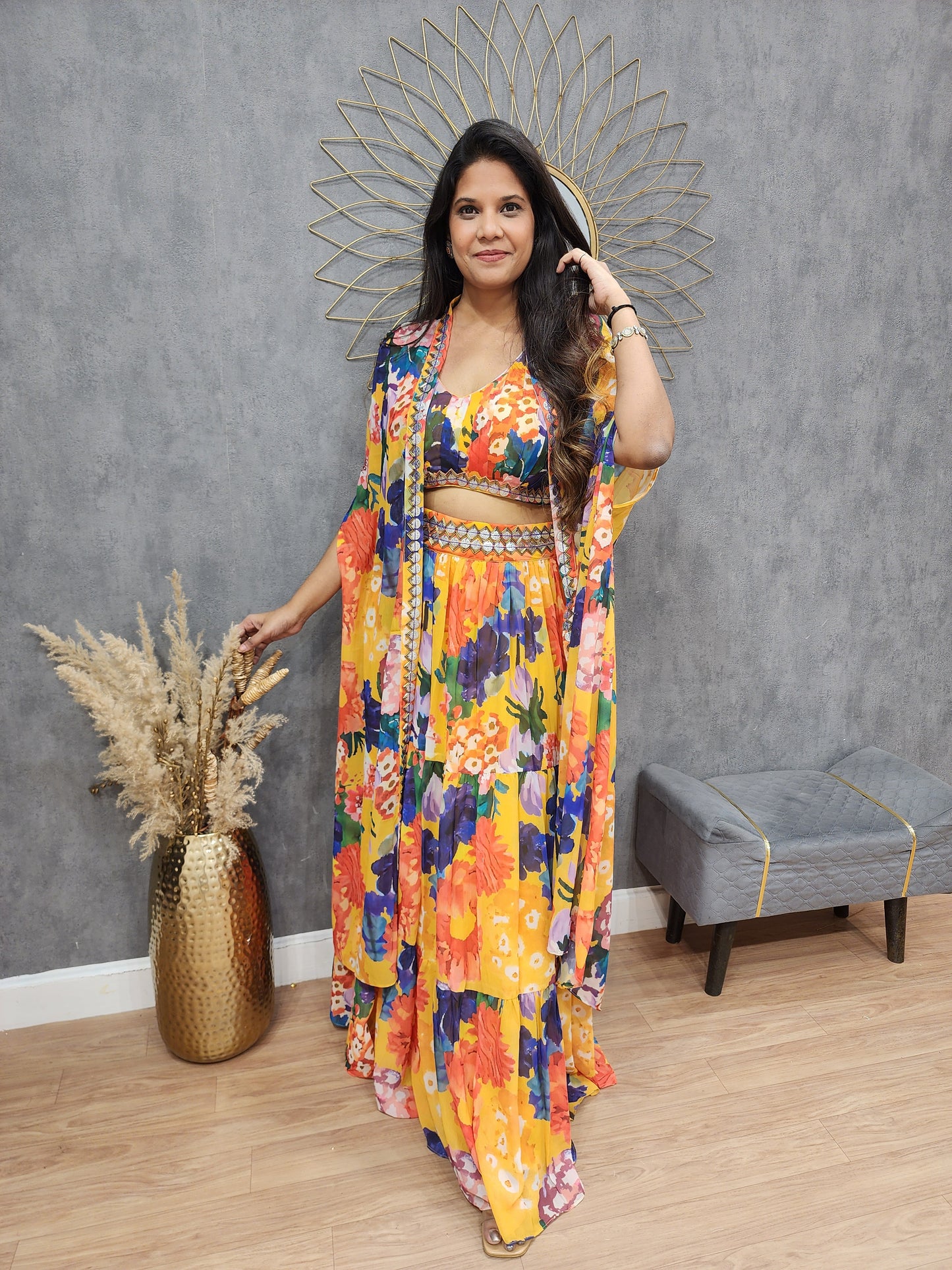 Yellow shibori 3 pc indowestern lehenga cape set