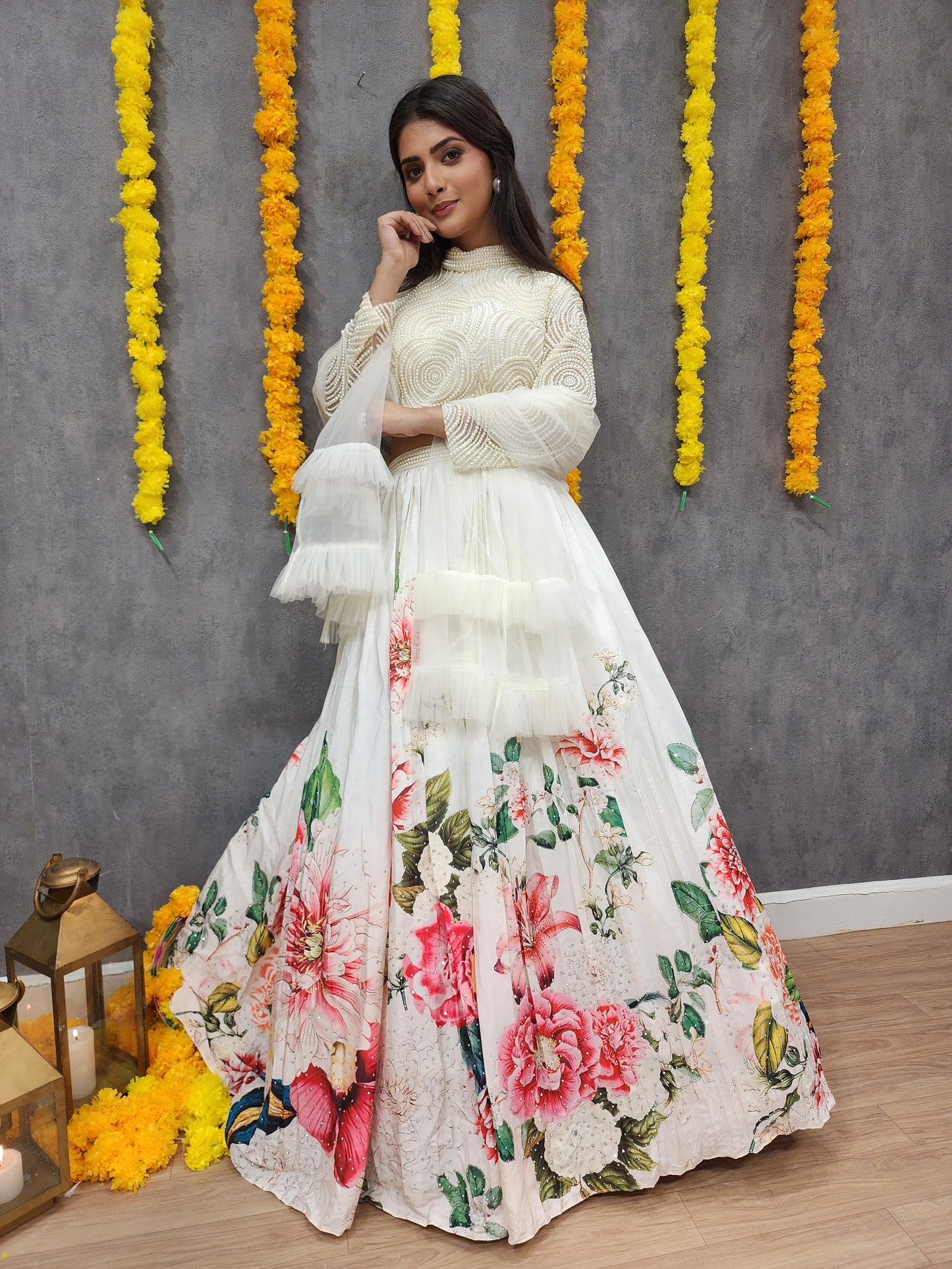 Glam off-white beads floral print lehenga