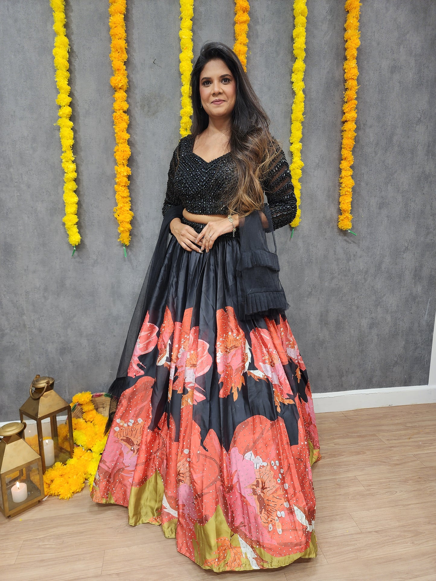 Glam Black beads floral print lehenga