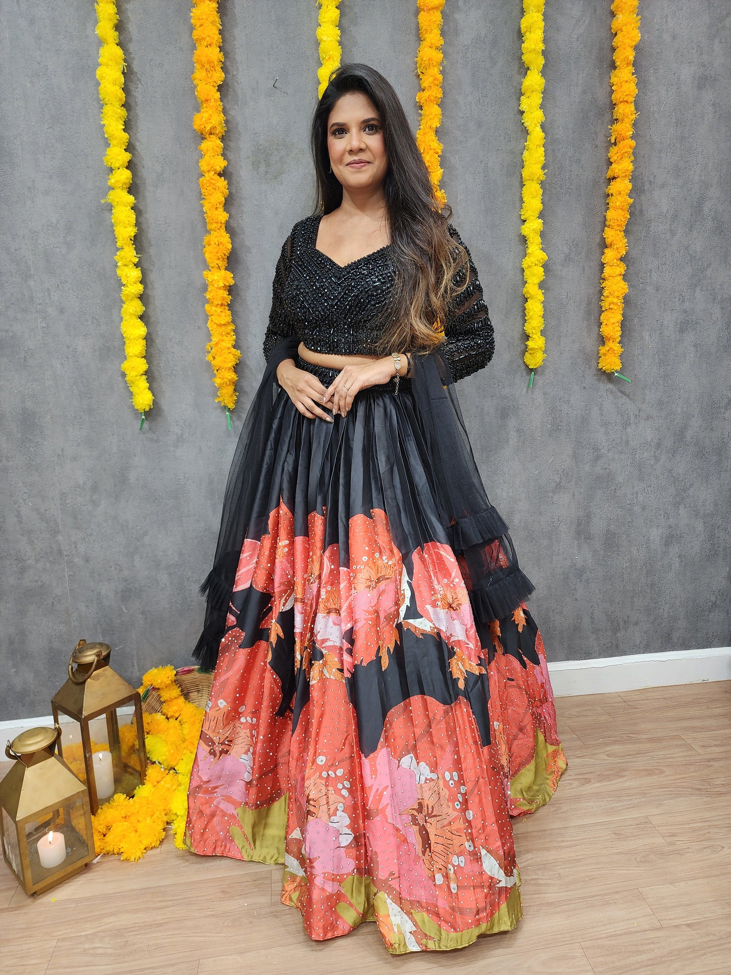 Glam Black beads floral print lehenga