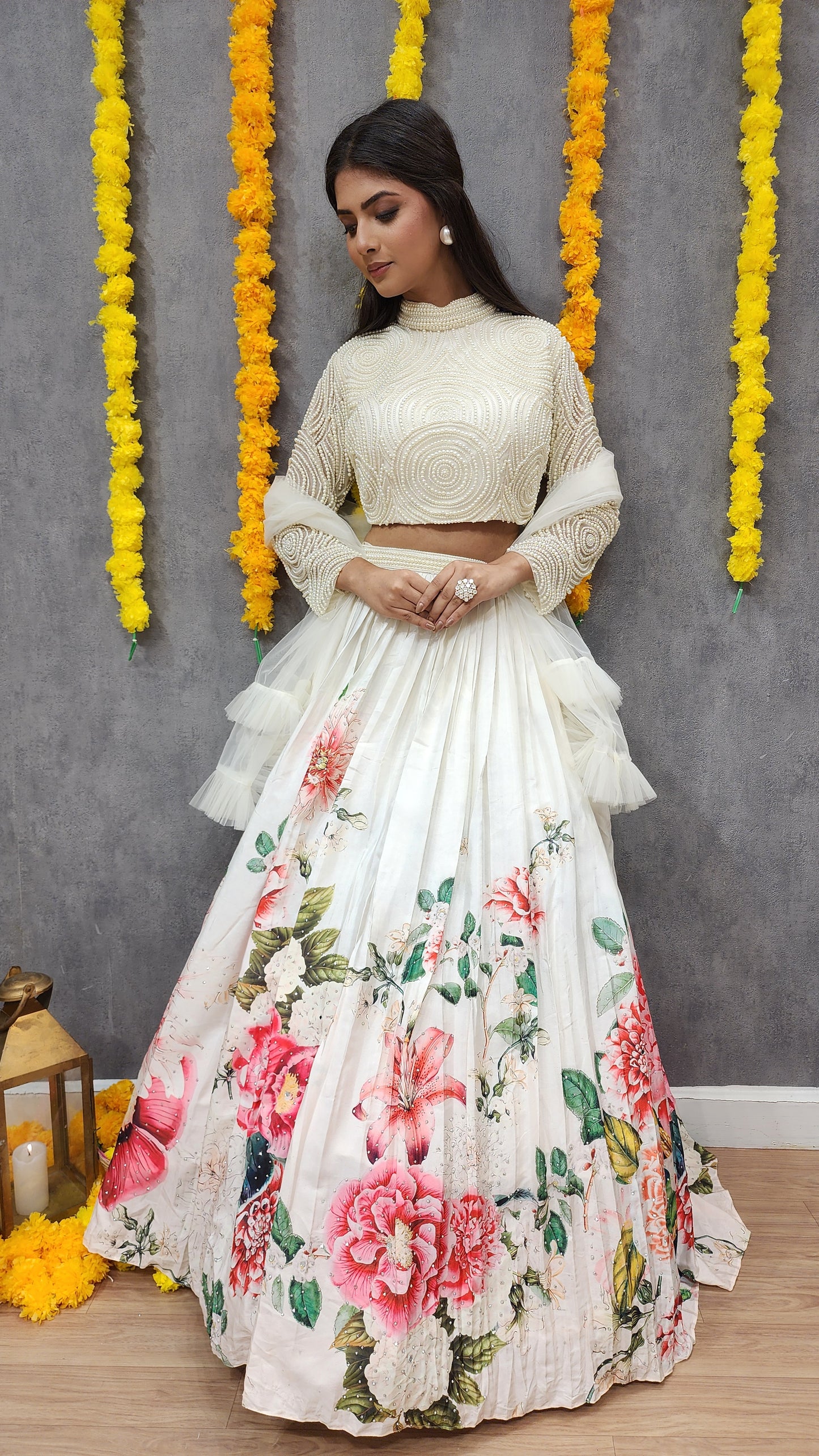 Glam off-white beads floral print lehenga