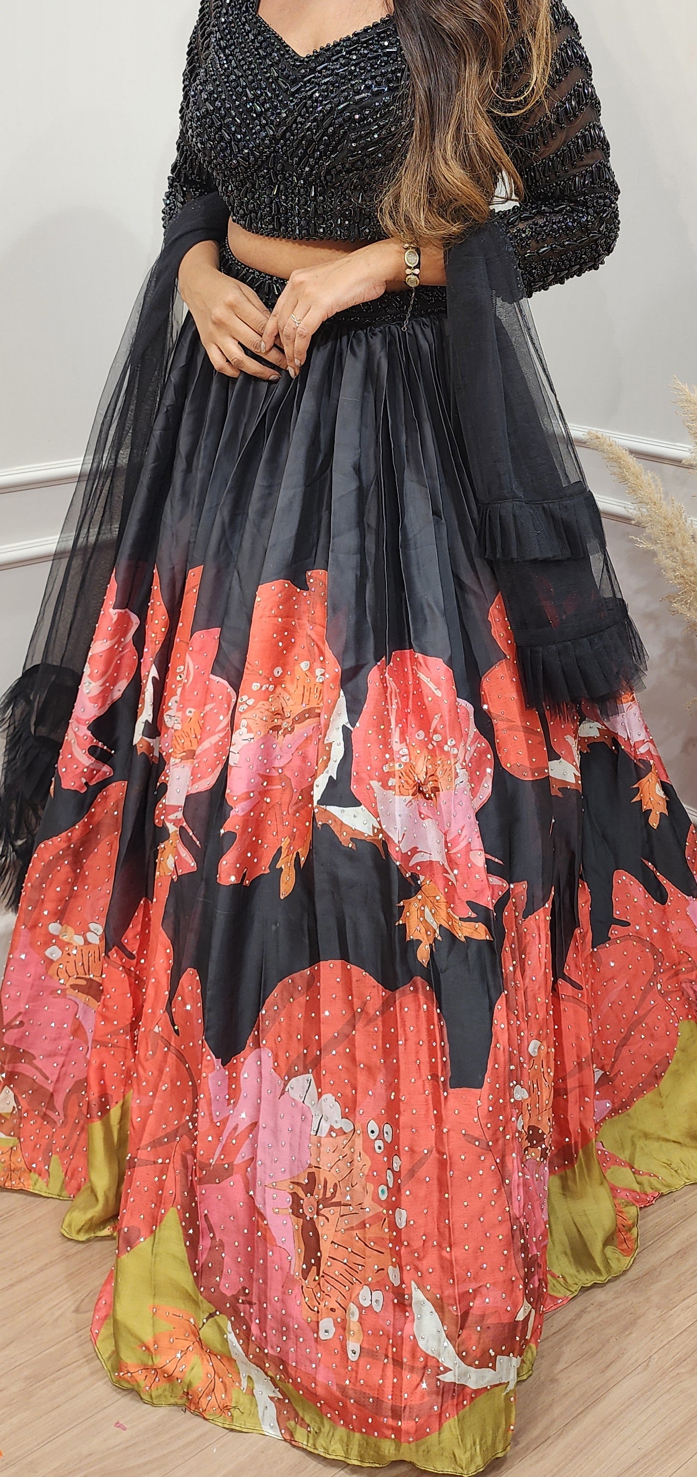 Glam Black beads floral print lehenga