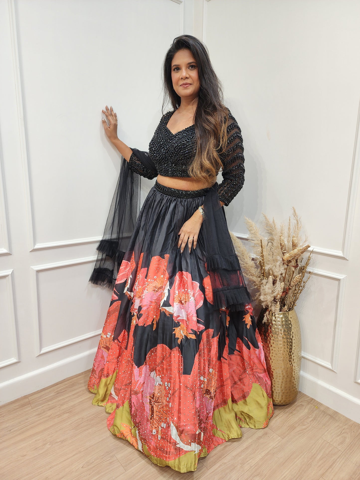 Glam Black beads floral print lehenga
