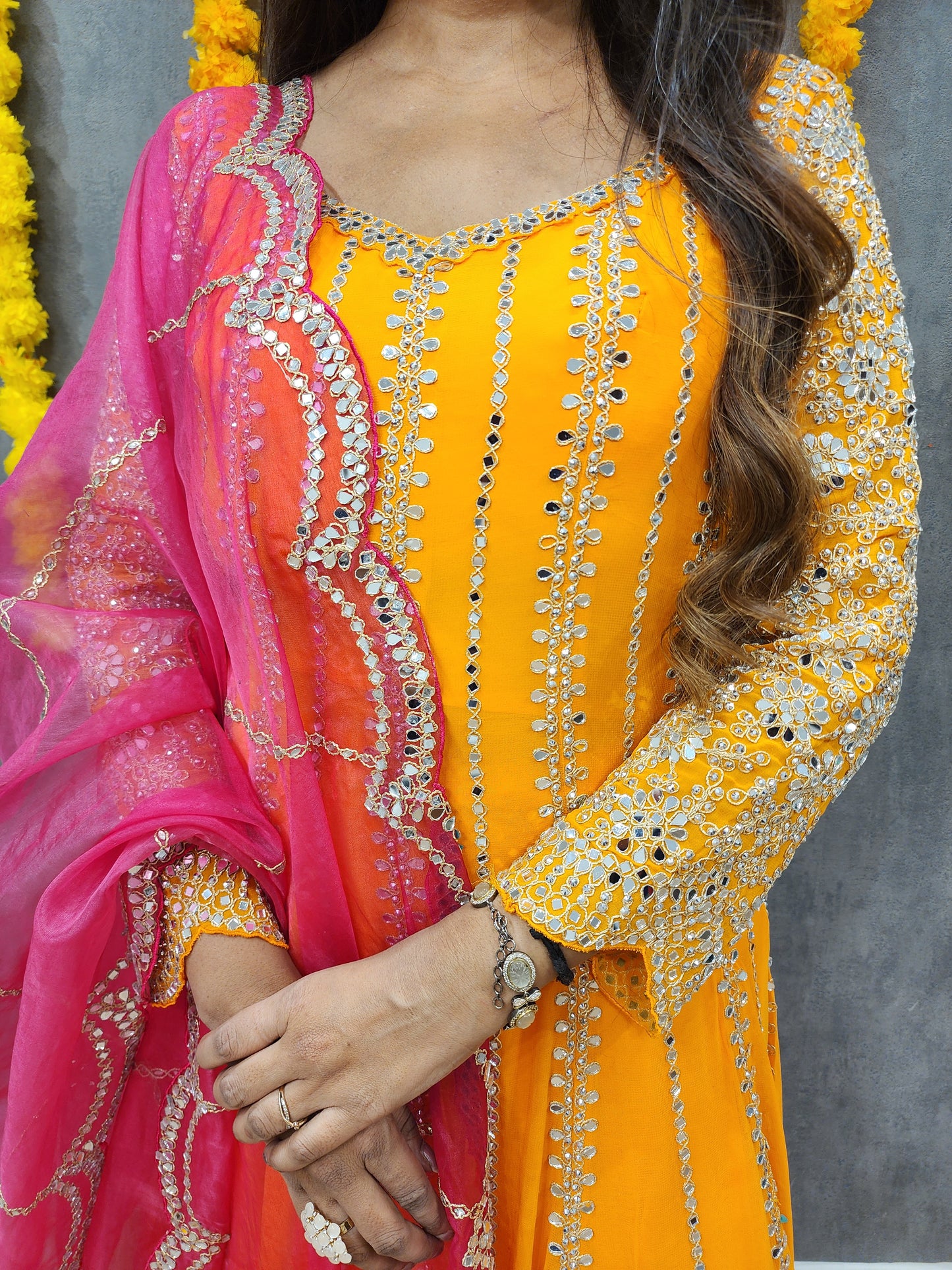 Mahira orange anarkali suit with pink dupatta