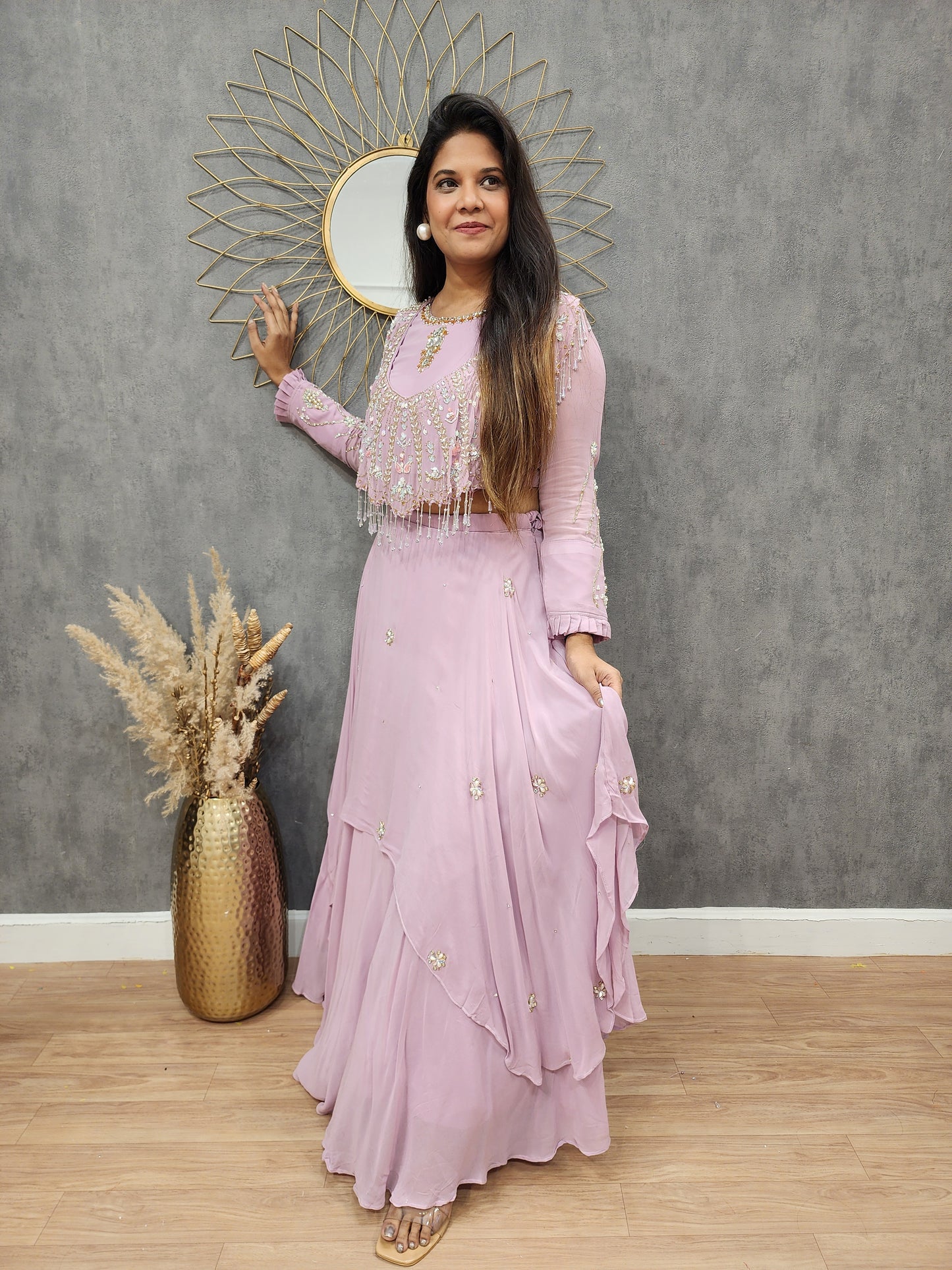 Muskan onion pink detachable cape layered lehenga